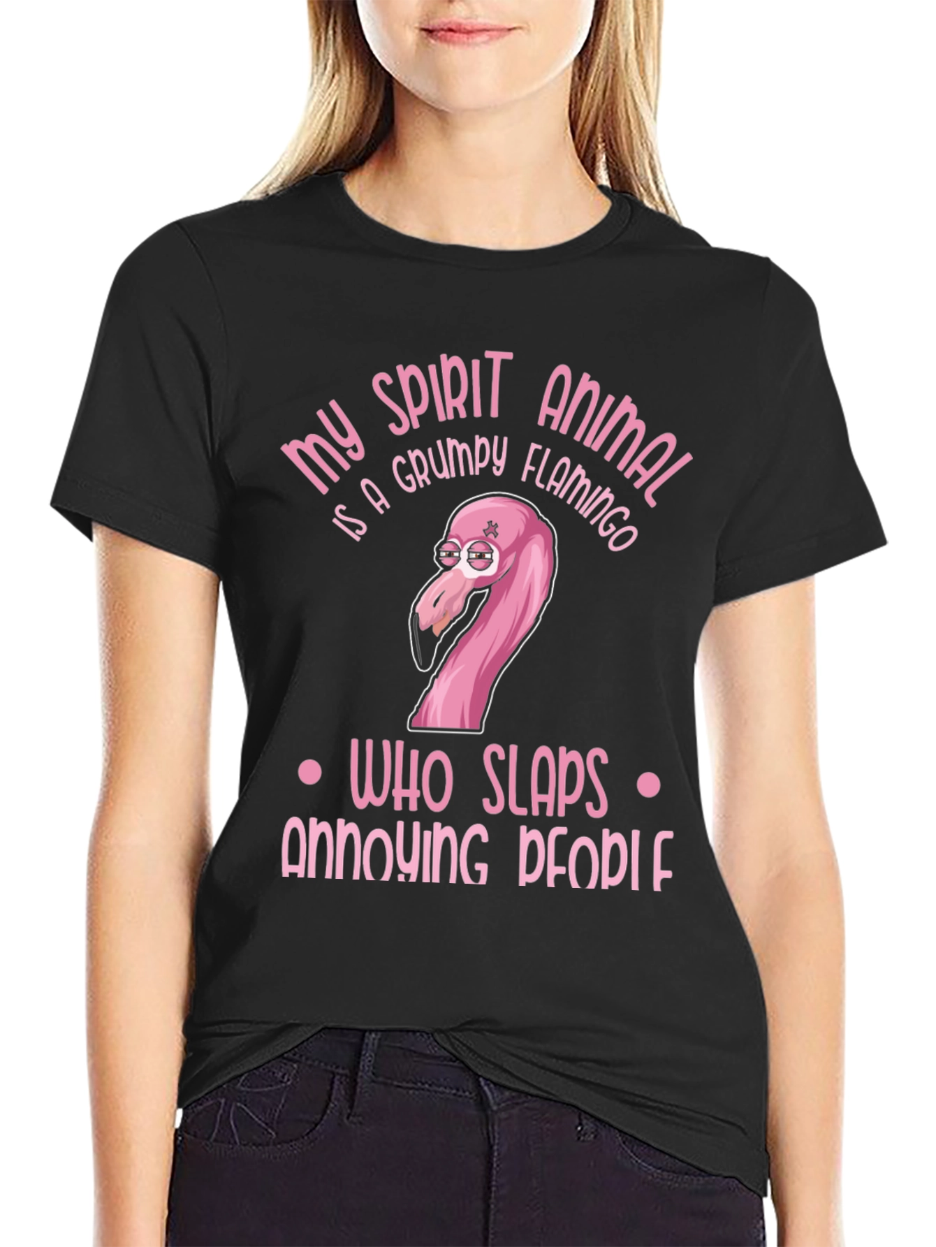 Black Grumpy Flamingo T-Shirt: My Spirit Animal Humor Tee view 2