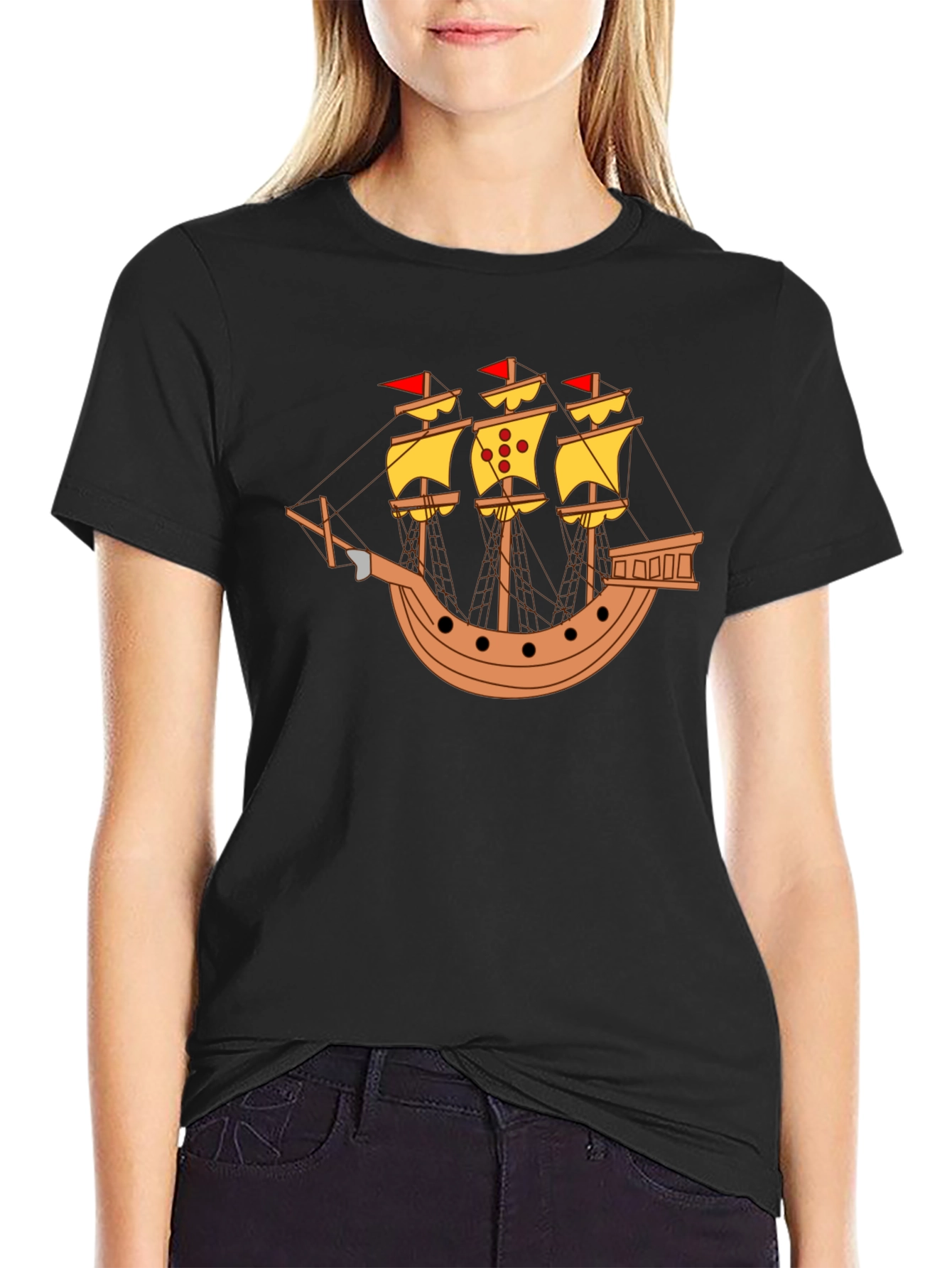 Black Black T-Shirt with Pirate Ship Design view 2