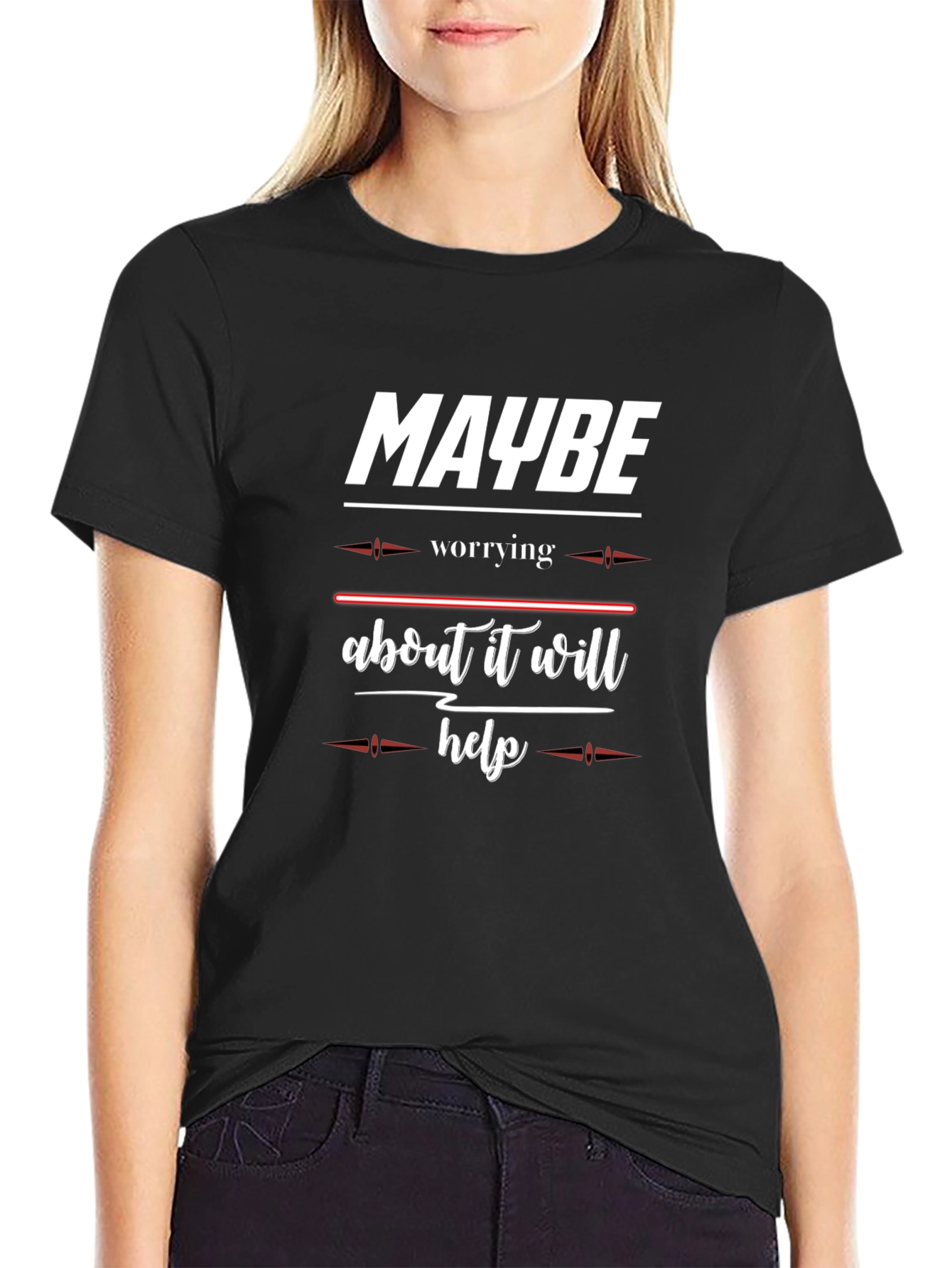 Black Funny "Maybe Worrying About It Will Help" Black T-Shirt view 2