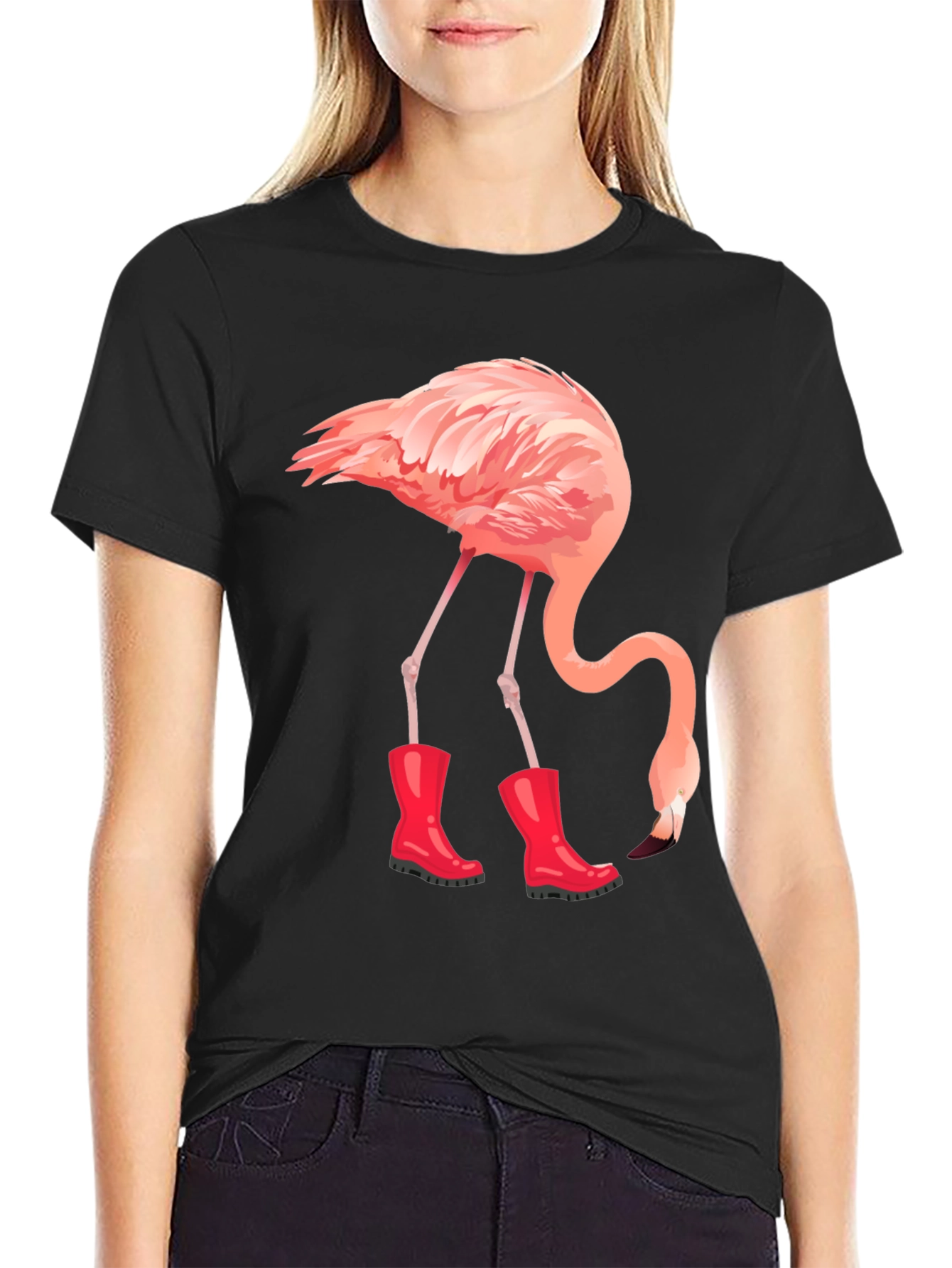 Black Flamingo in Boots Graphic Tee - Quirky Unisex T-Shirt view 2