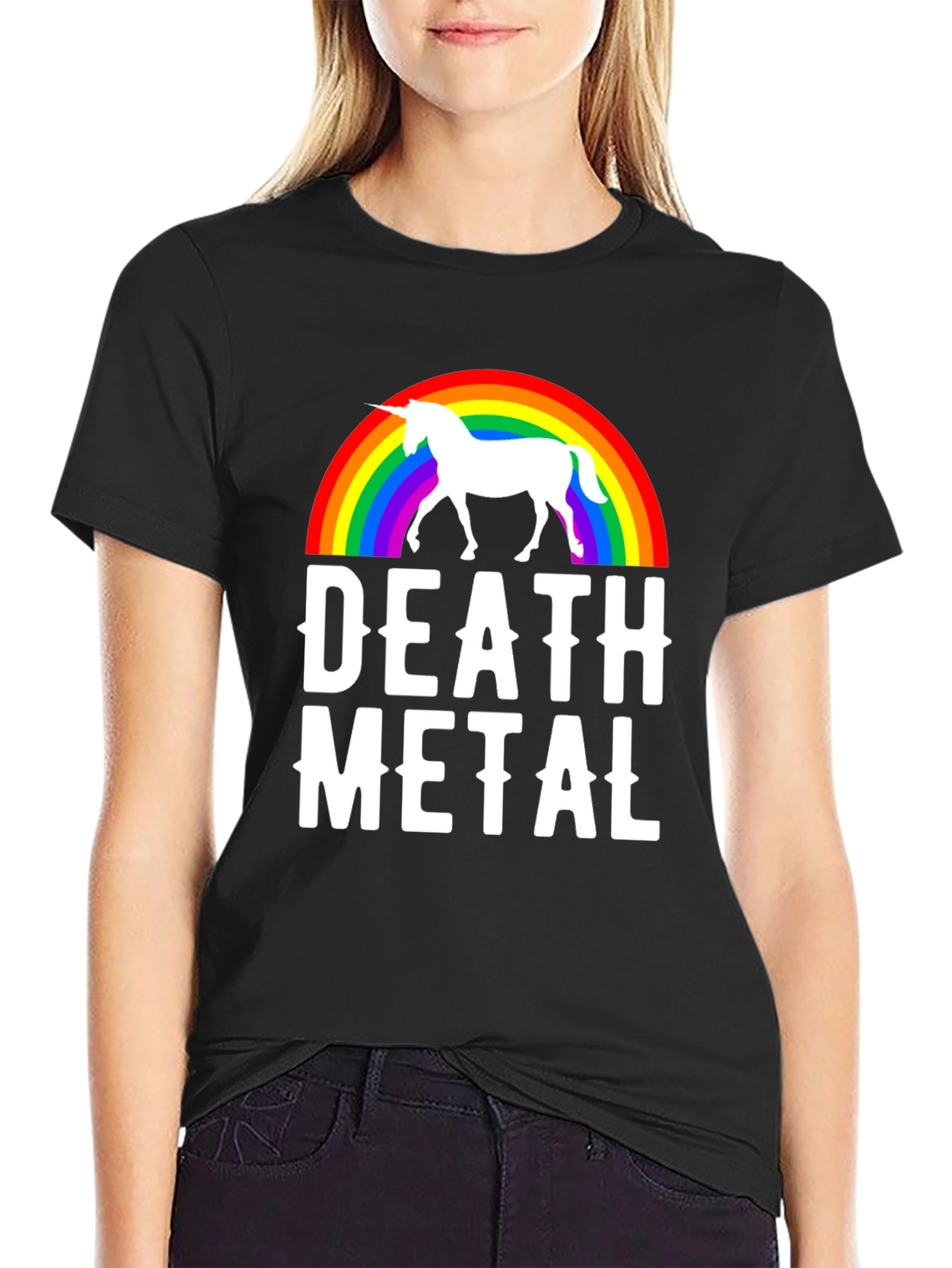 Black Death Metal Unicorn Rainbow T-Shirt - Black Cotton Tee view 2