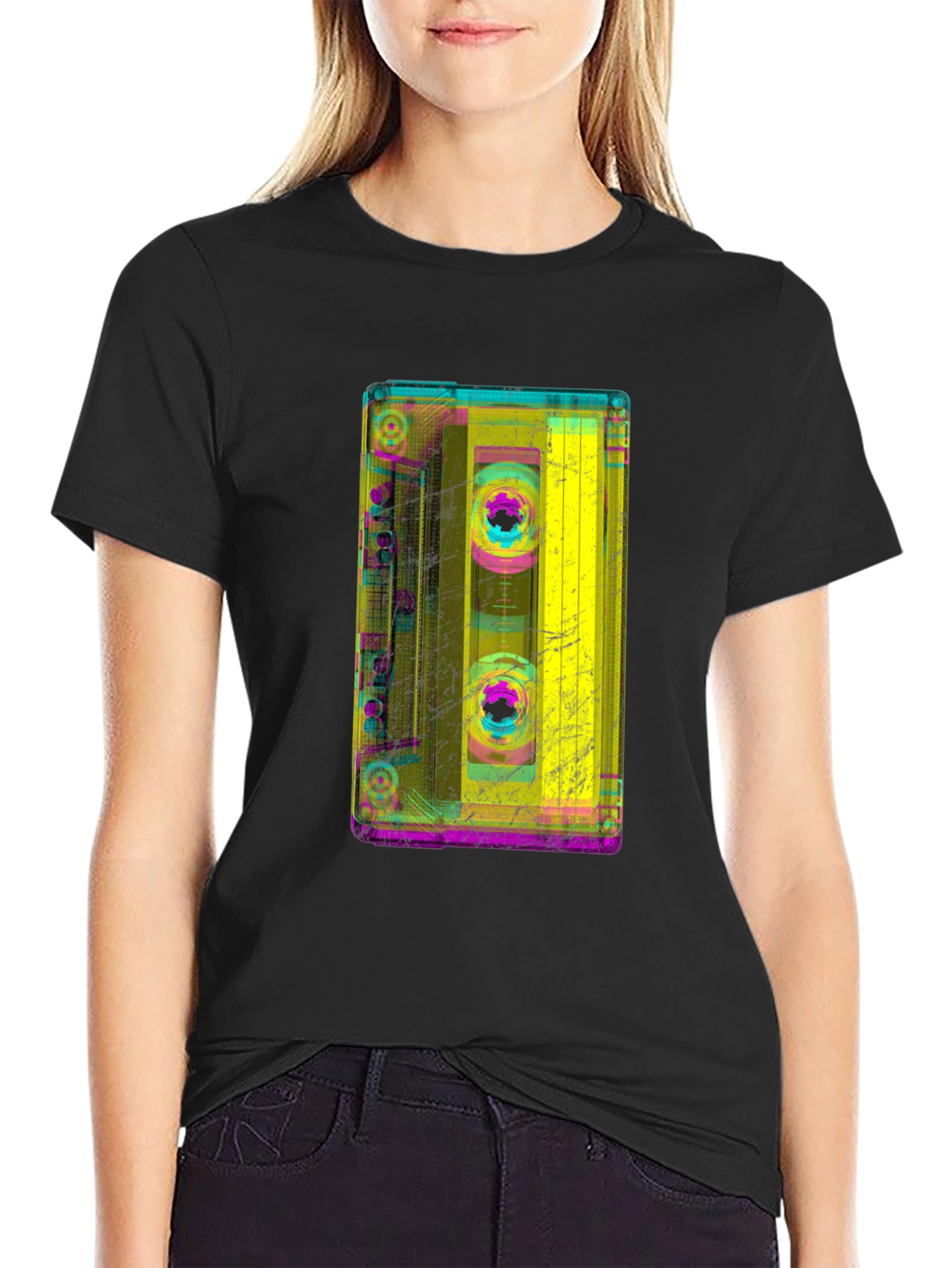 Black Retro Cassette Tape Graphic Tee - Black Cotton T-Shirt view 2