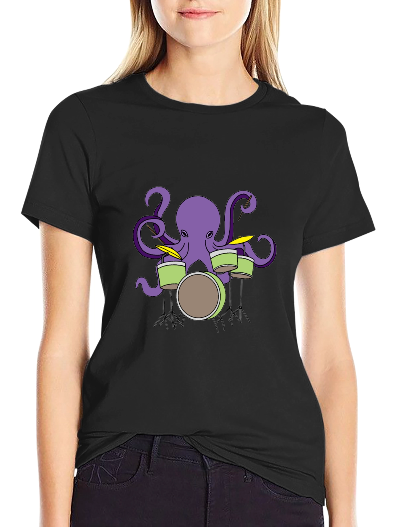 Black Octopus Drummer Graphic T-Shirt - Black view 2