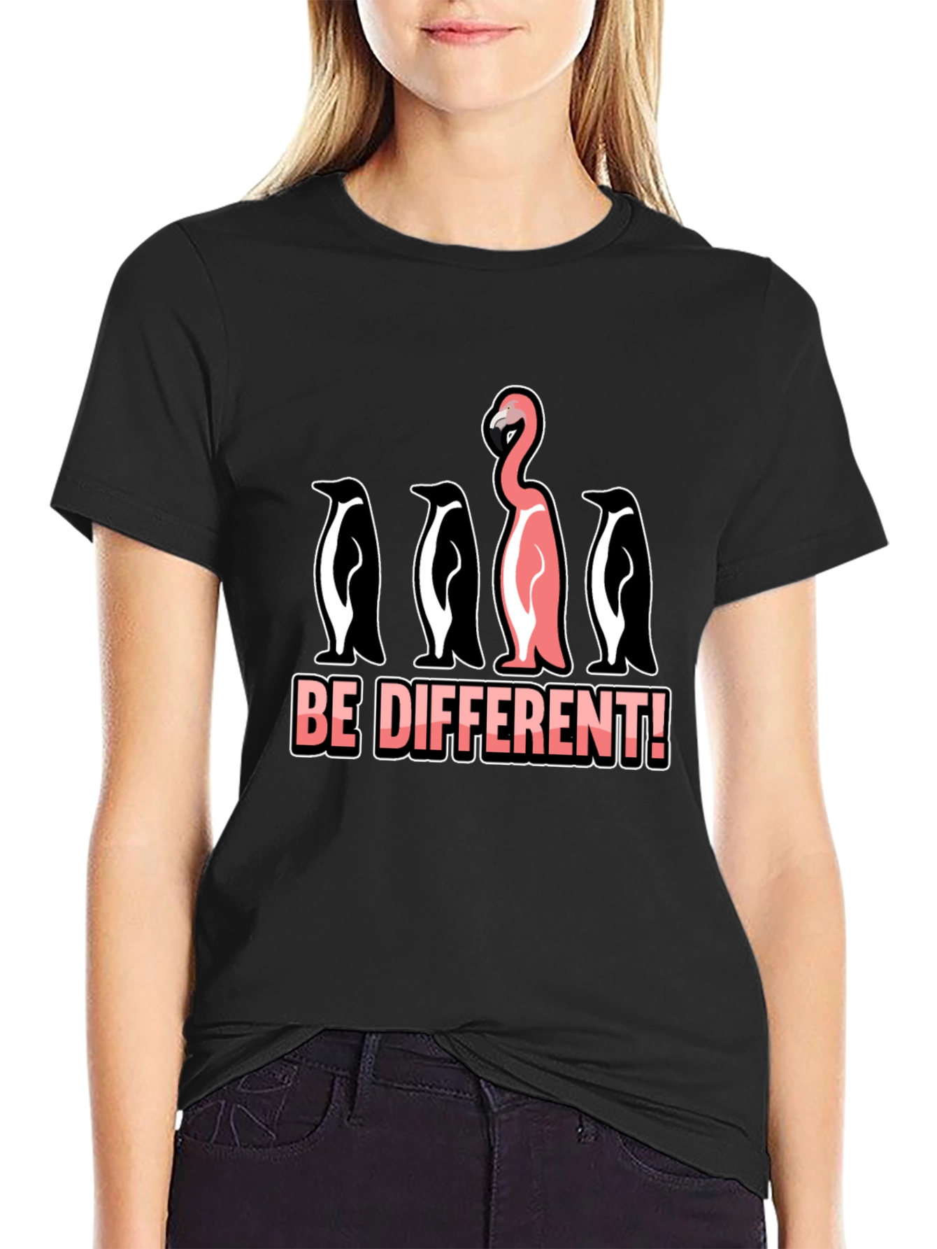 Black Be Different T-Shirt Flamingo Penguin Graphic Novelty Tee view 2