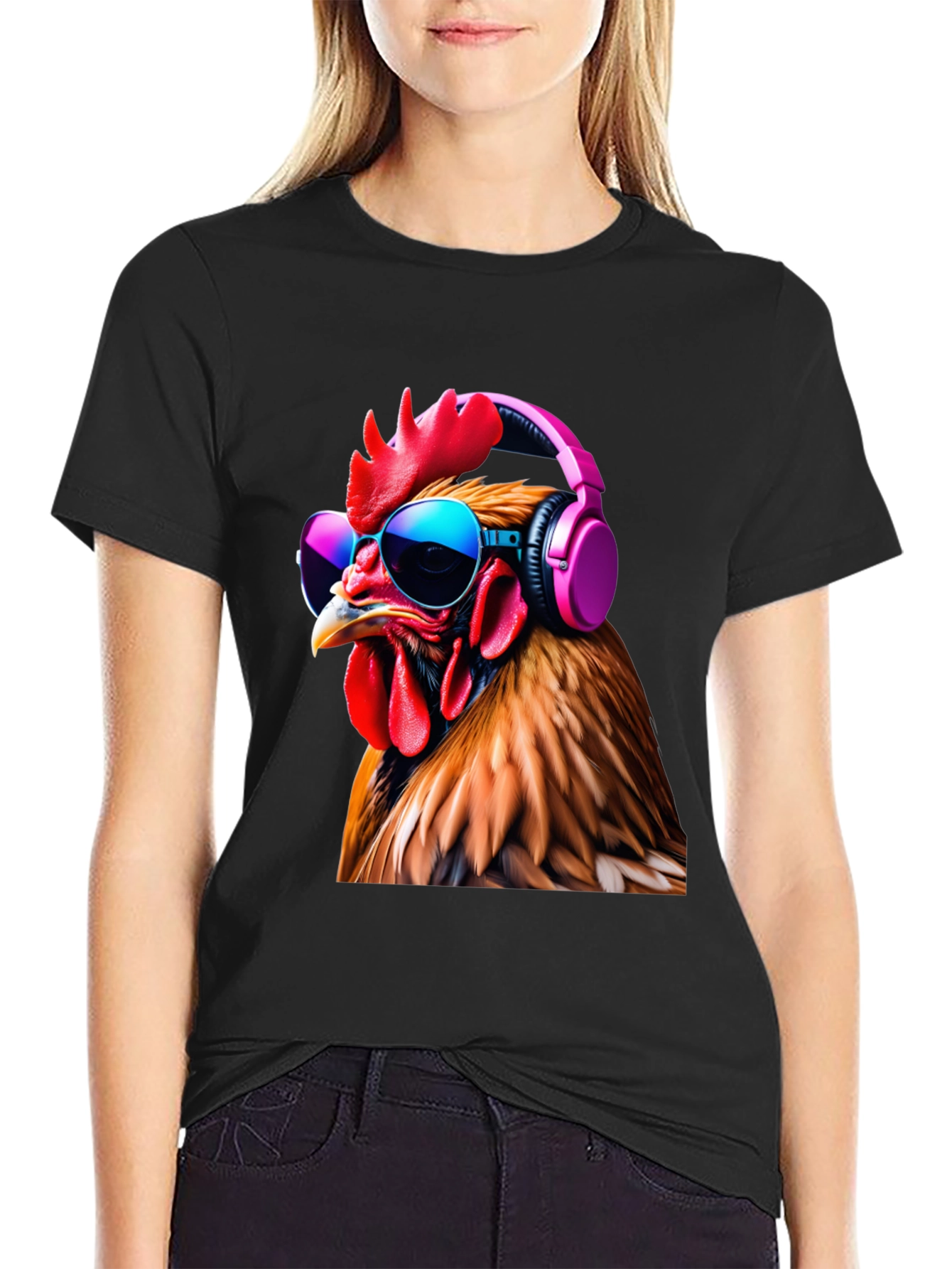 Black Cool Chicken T-Shirt with Headphones and Sunglasses view 2