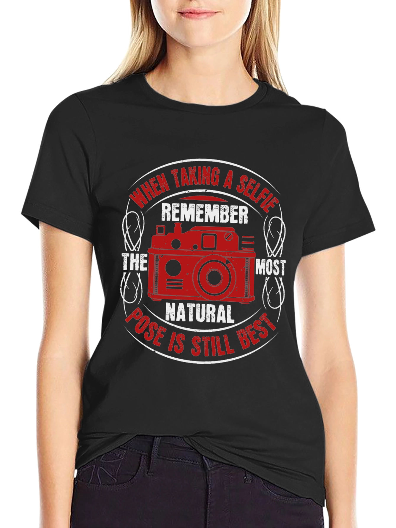 Black Selfie Camera T-Shirt - Natural Pose Best view 2