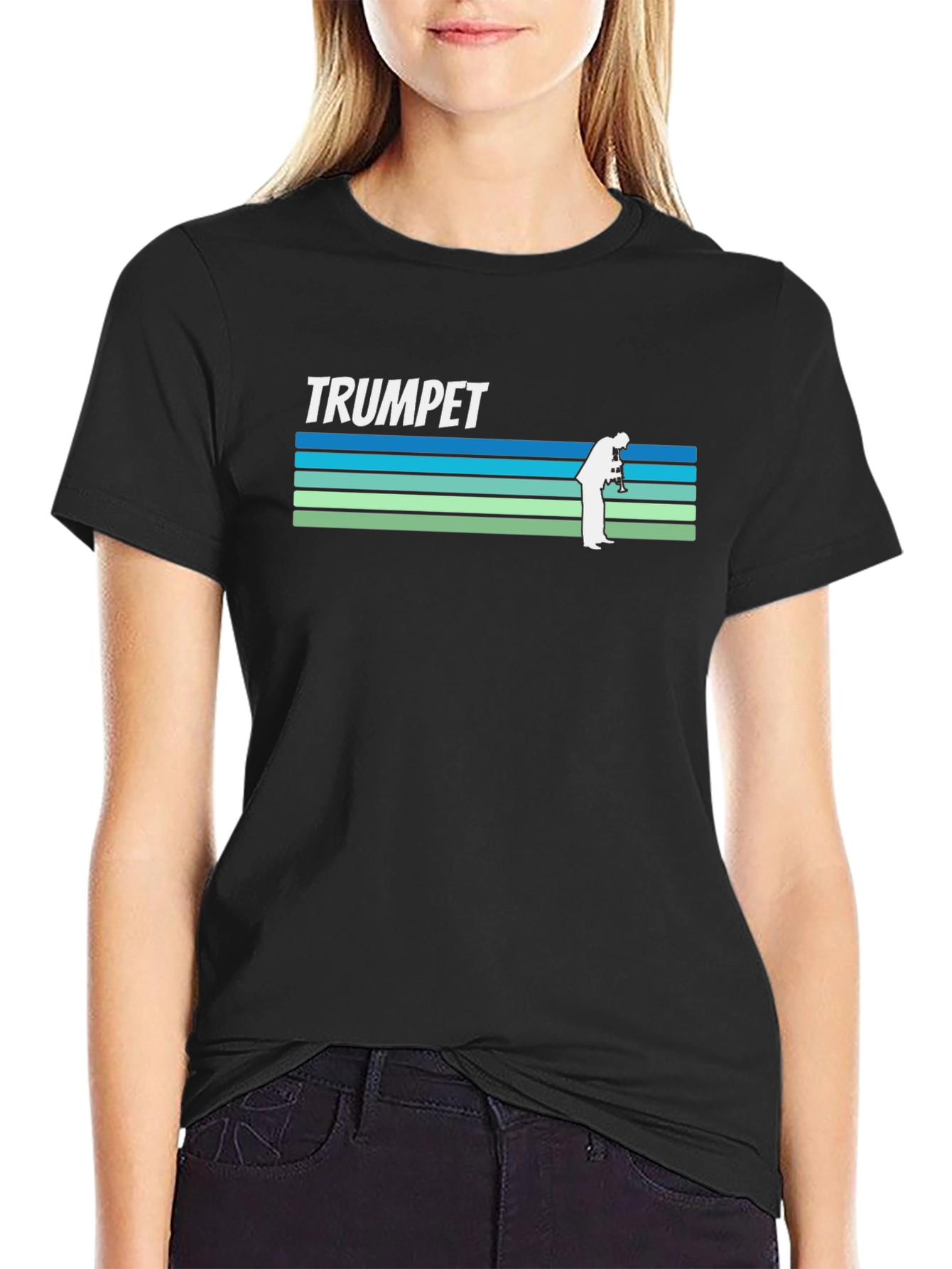 Black Retro Trumpet Player T-Shirt view 2