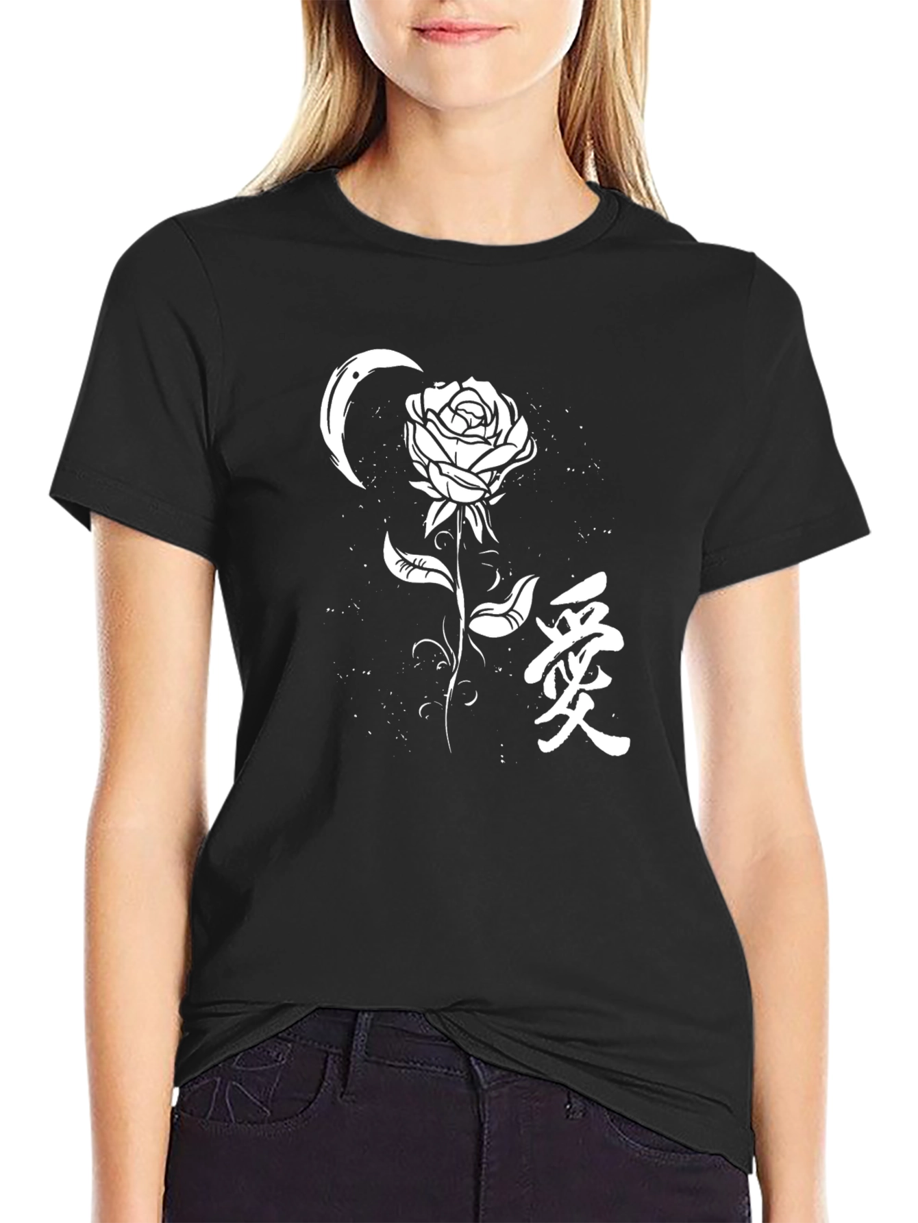 Black Rose & Crescent Moon Graphic Tee - Black view 2