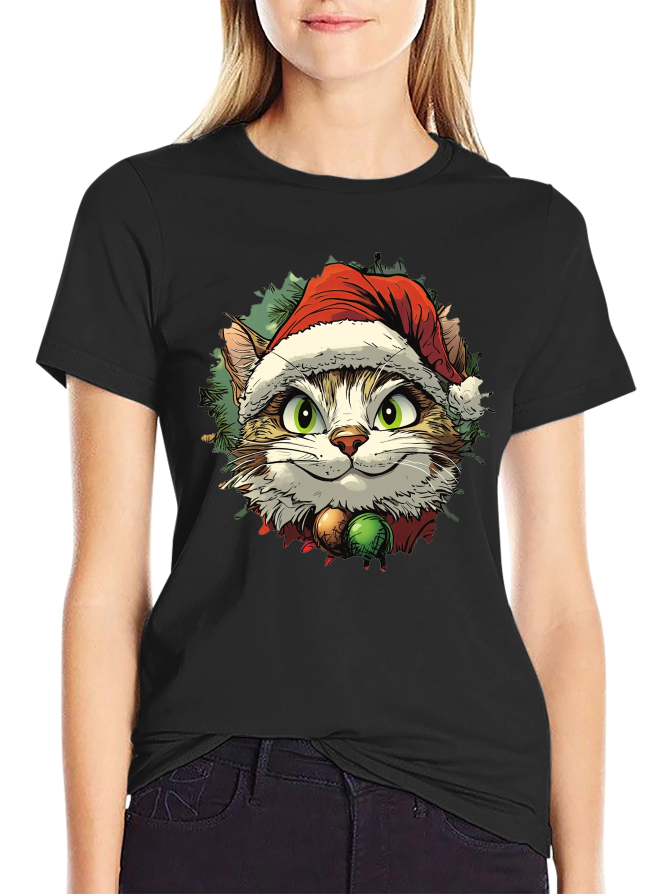 Black Festive Cat T-Shirt - Holiday Cheer view 2