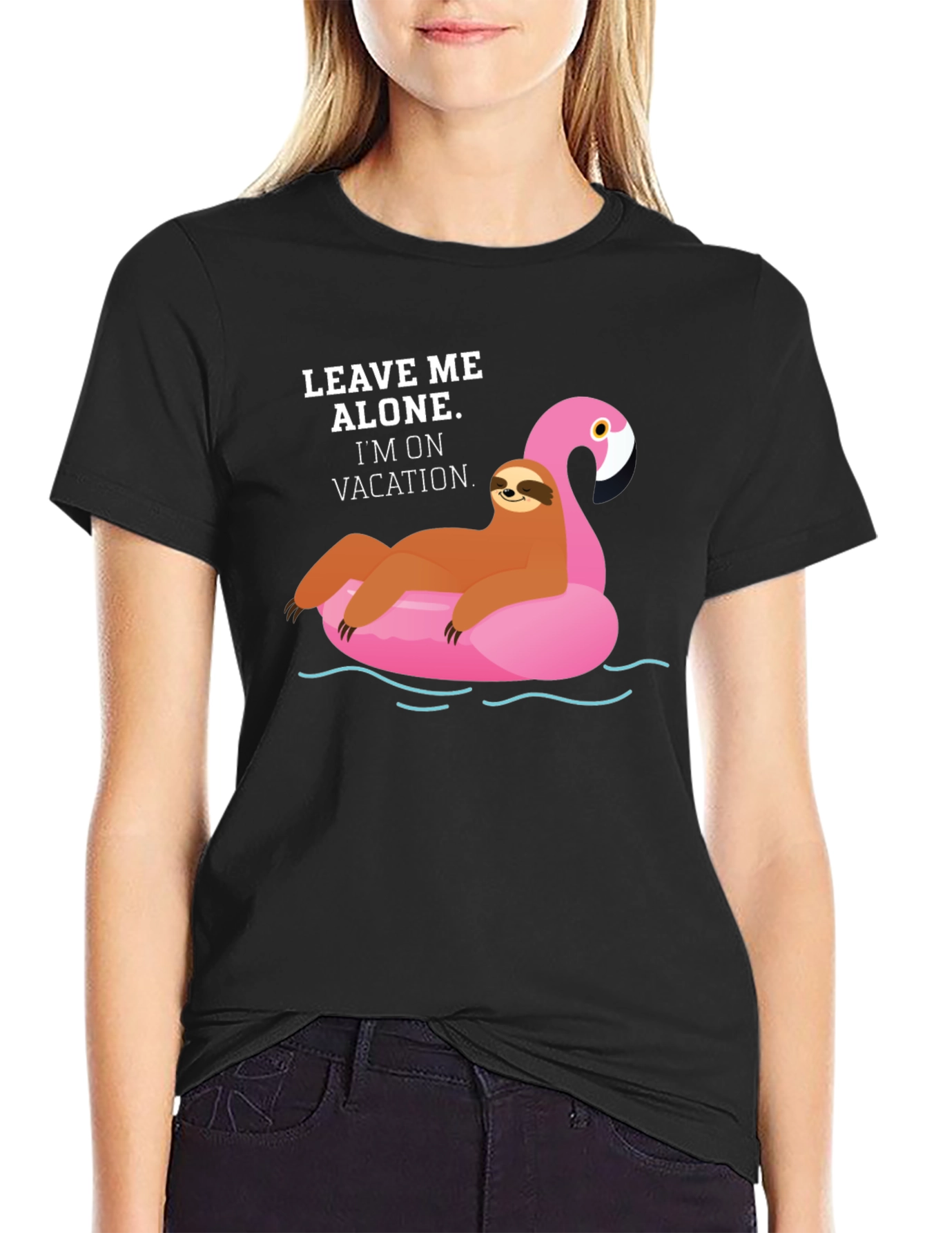 Black Vacation Sloth Flamingo Graphic T-Shirt view 2