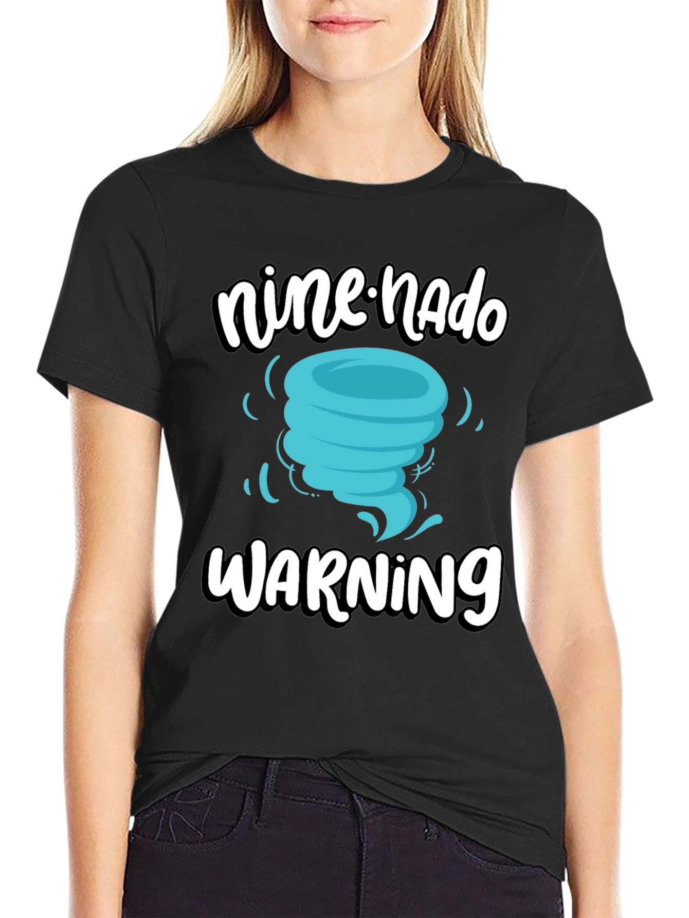 Black Nine-nado Warning T-Shirt: Fun Birthday Tornado Tee view 2