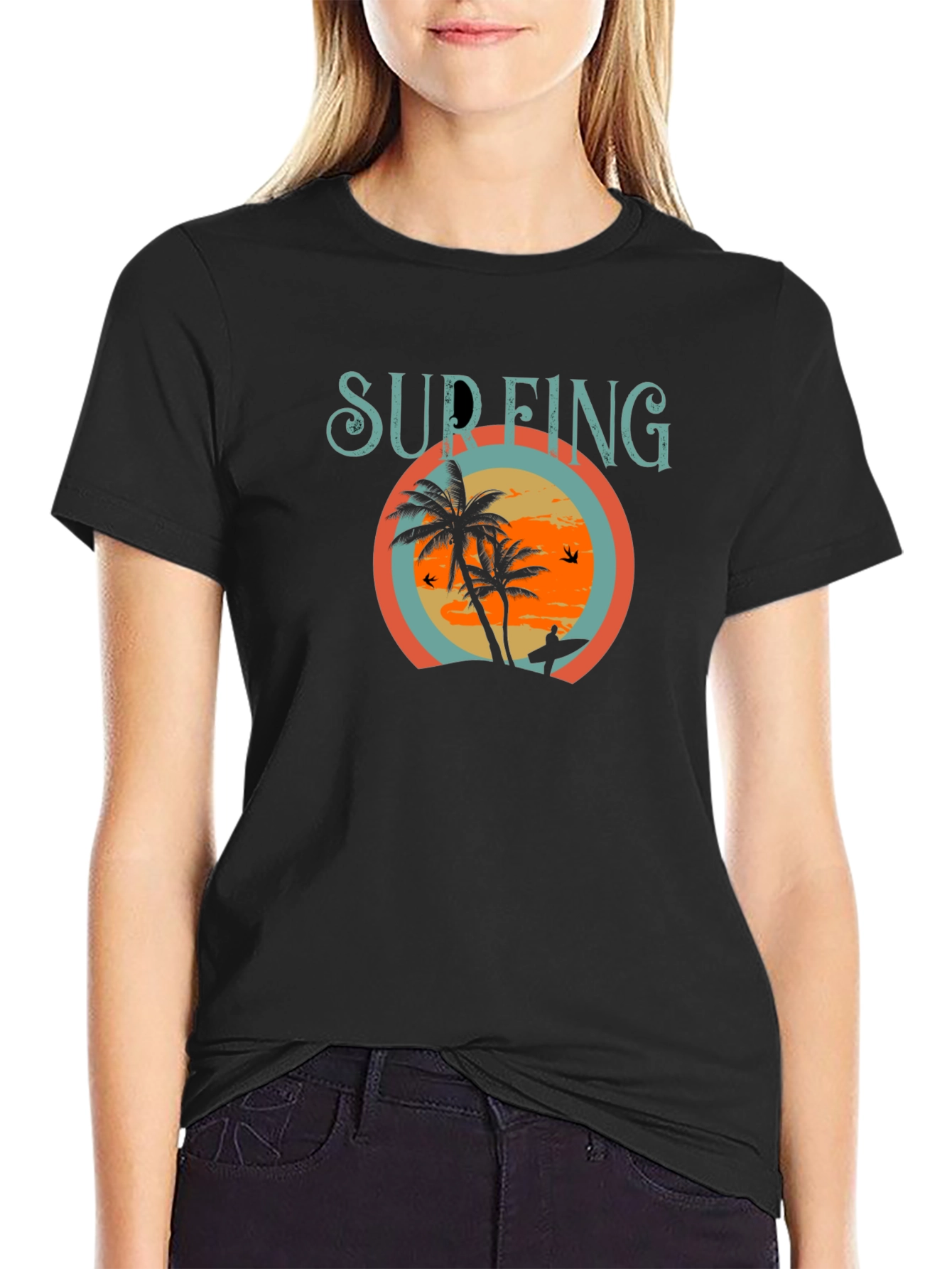 Black Surfing Palm Tree Graphic Tee - Black Cotton T-Shirt view 2