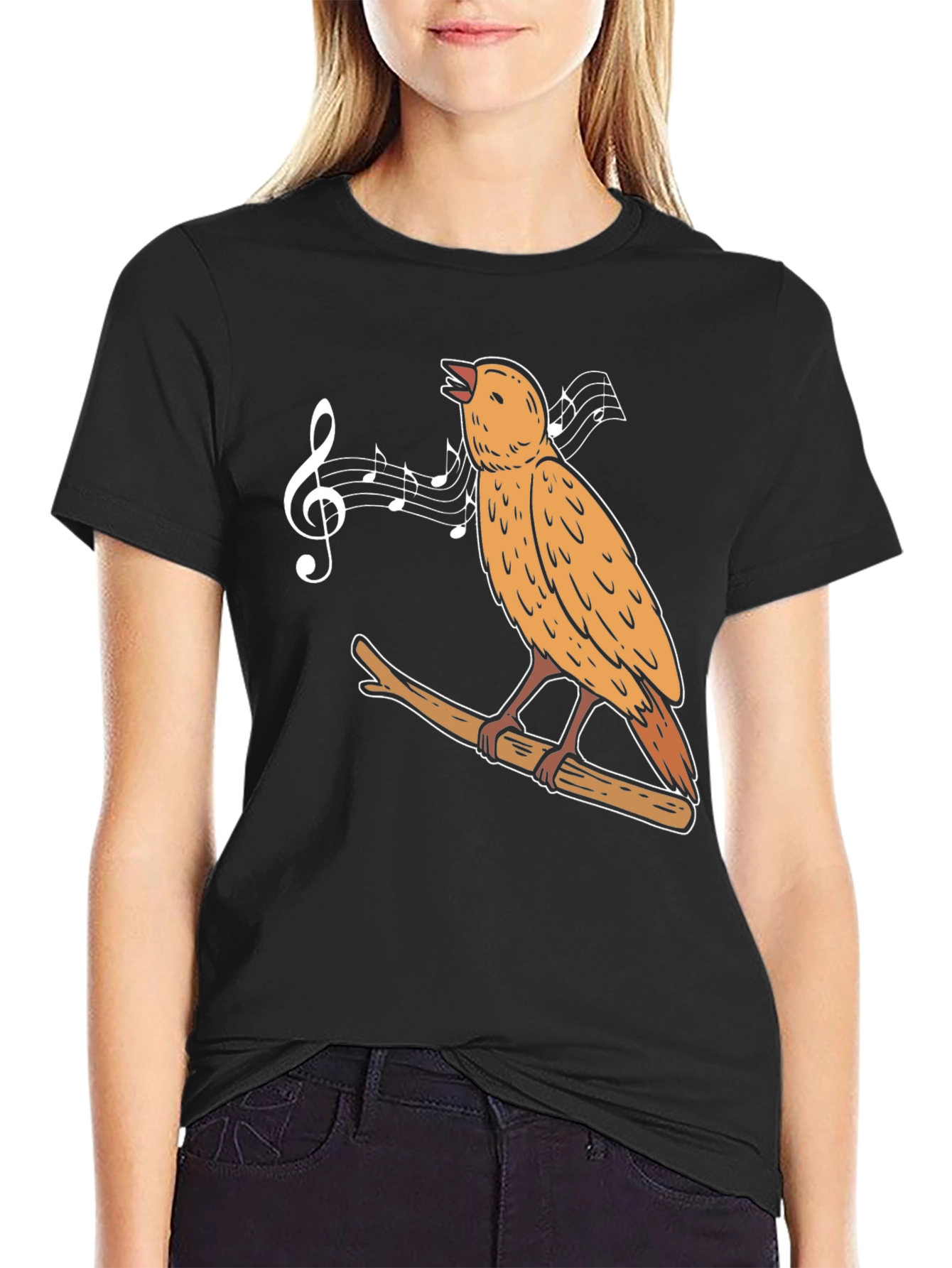 Black Singing Bird Graphic Tee - Black Casual Cotton T-Shirt view 2