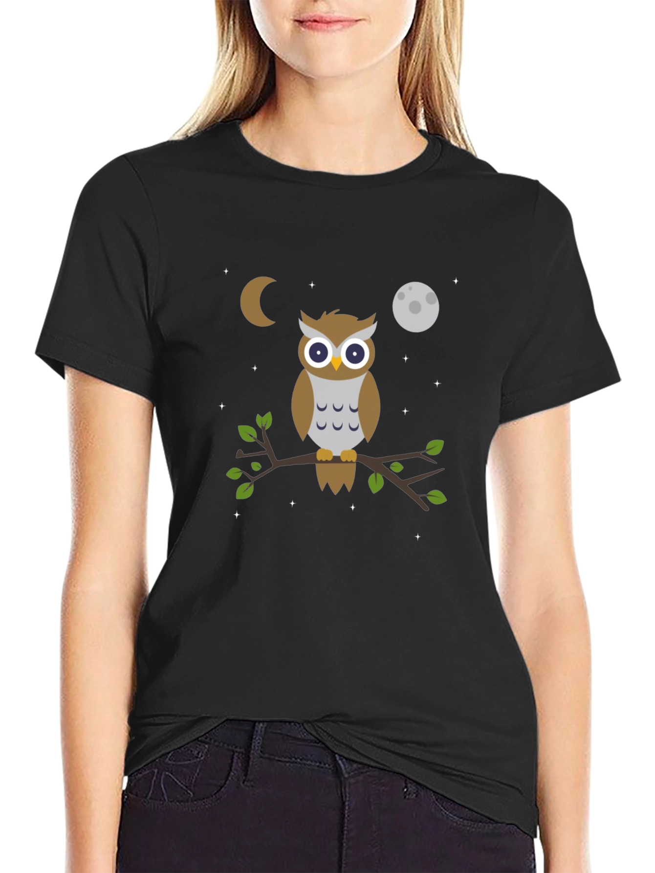 Black Owl Moon T-Shirt - Black Cotton Tee view 2