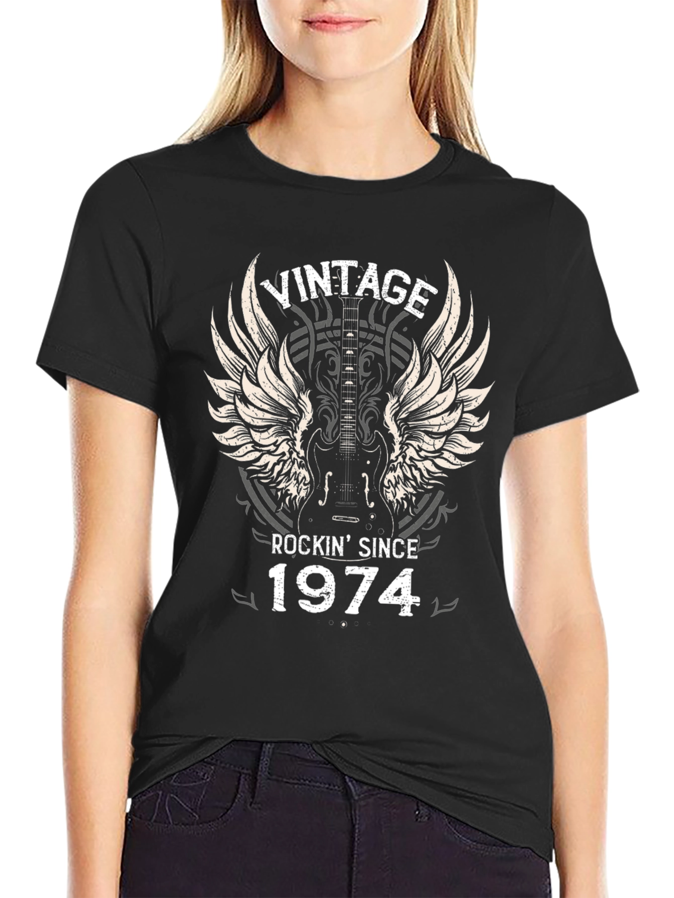 Black Vintage Rockin' Since 1974 Graphic T-Shirt view 2