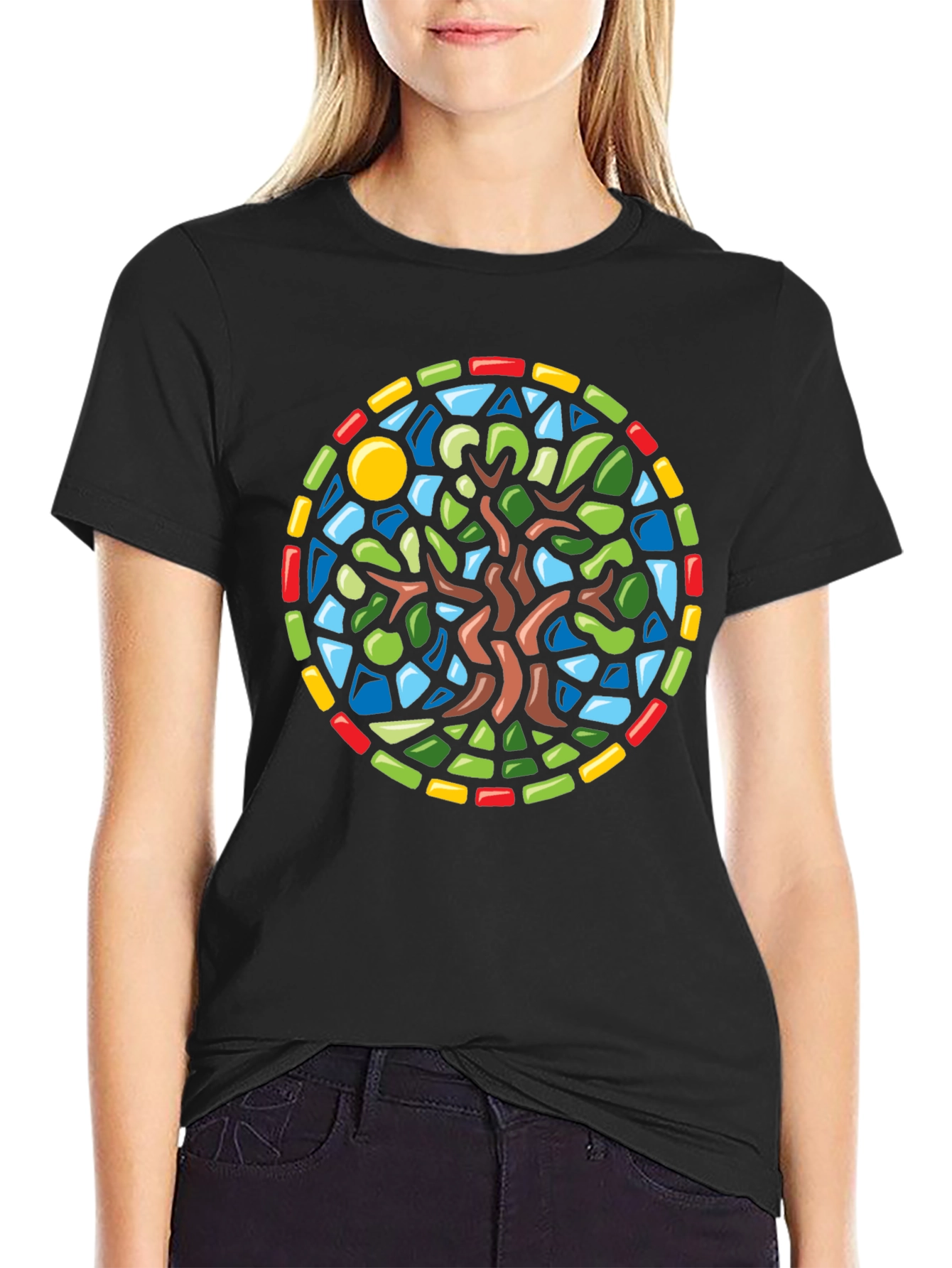 Black Stained Glass Tree Graphic Black T-Shirt view 2