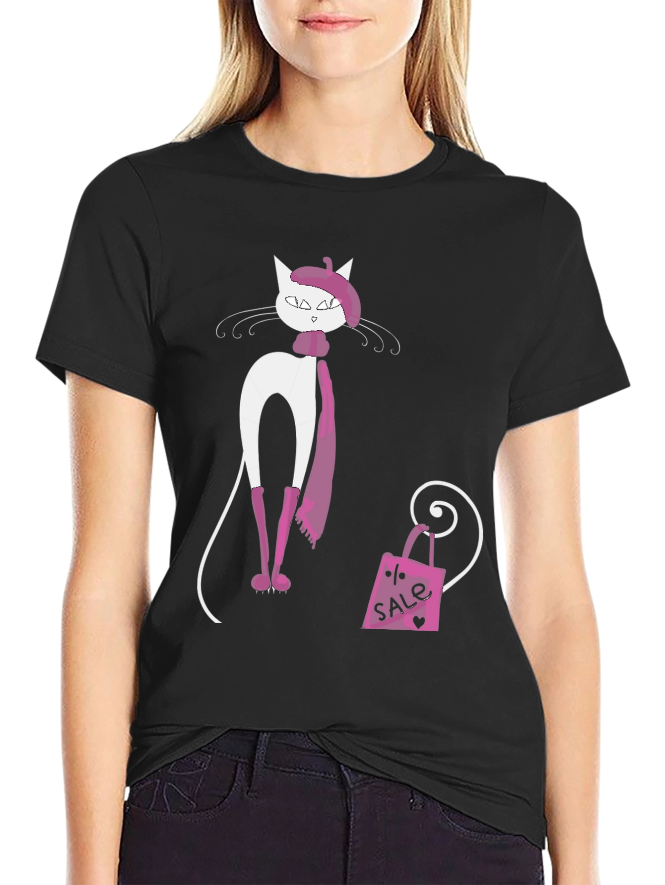 Black Stylish Cat T-Shirt view 2