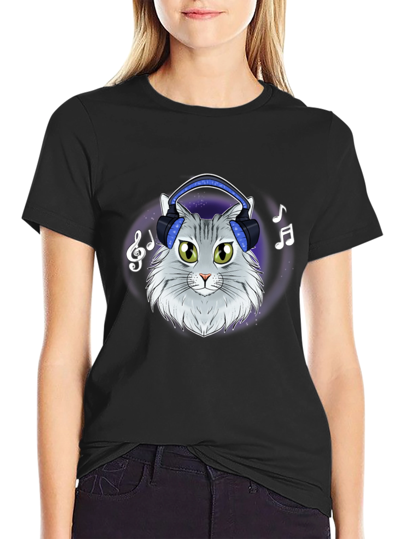 Black Cat DJ T-Shirt - Cool Feline Headphones Music Tee view 2