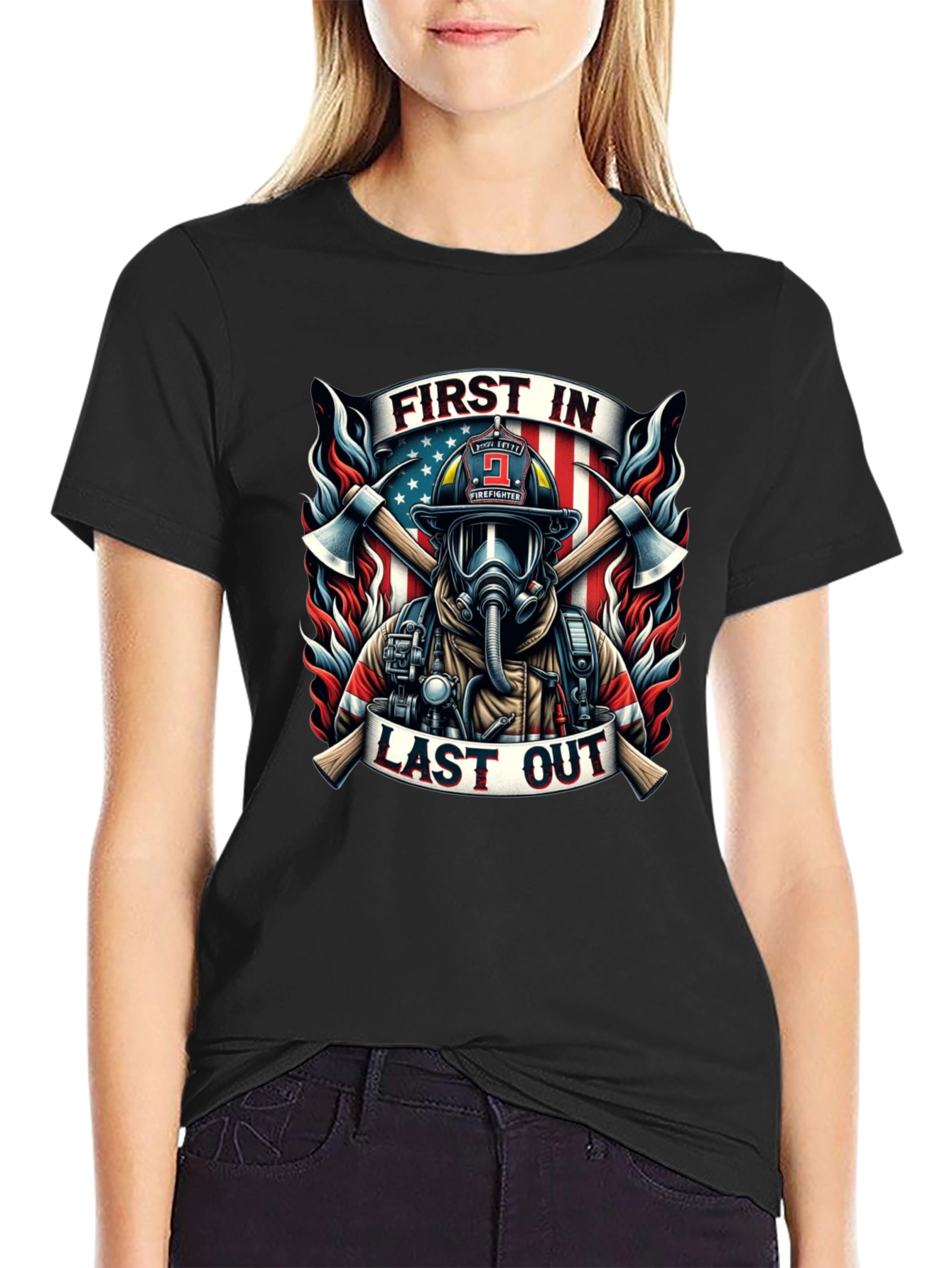 Black First In Last Out Firefighter Graphic Tee view 2