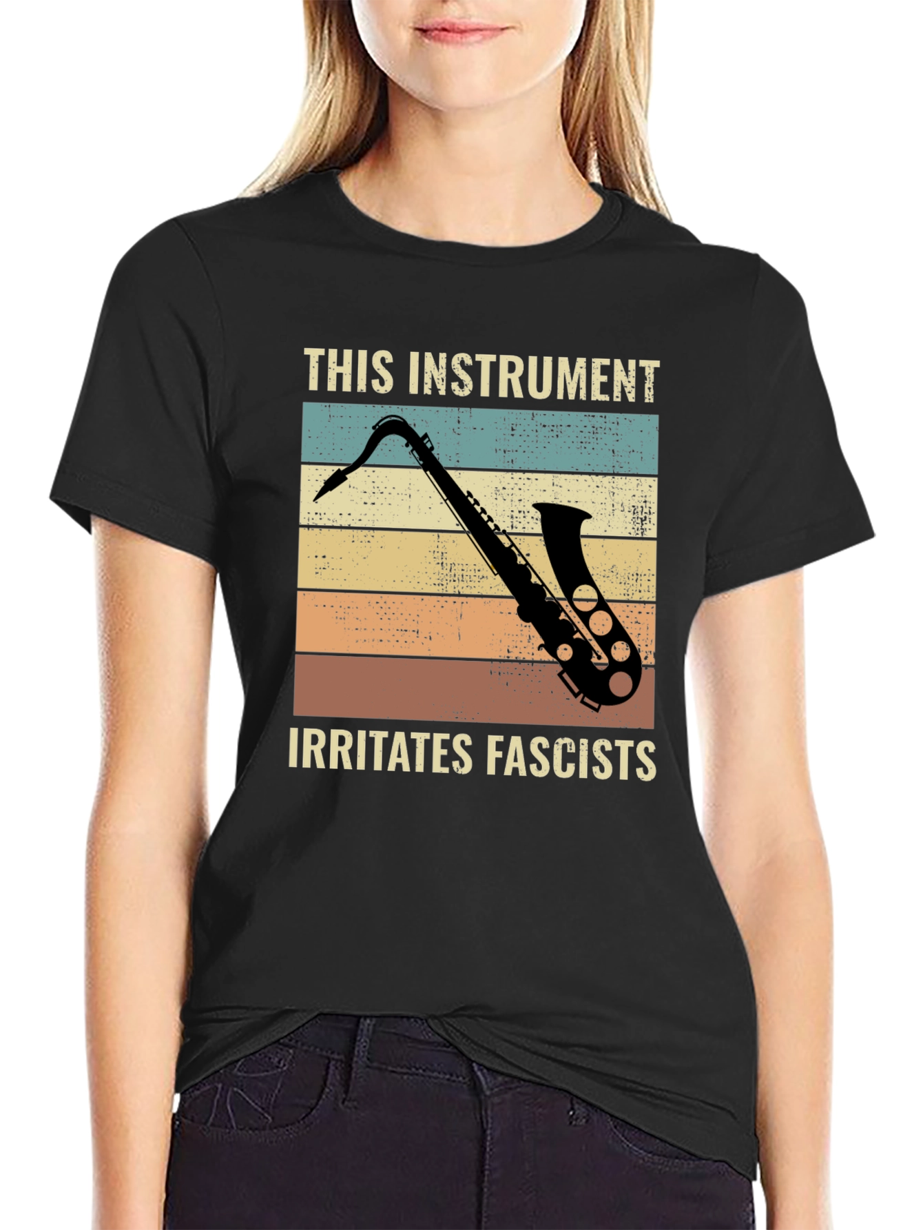 Black Saxophone Irritates Fascists Graphic Tee view 2