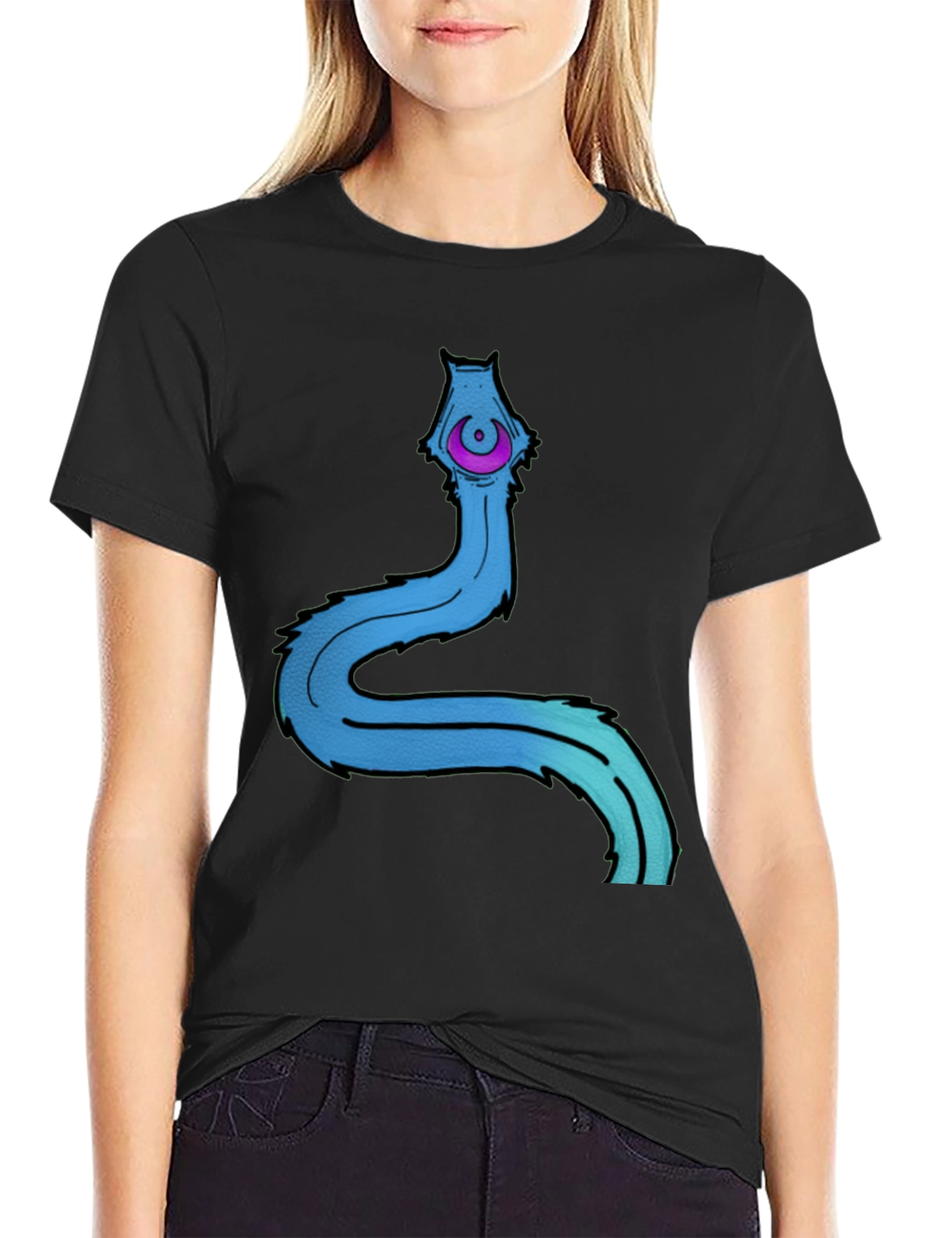 Men's Black T-Shirt with Cartoon Worm Graphic - 2