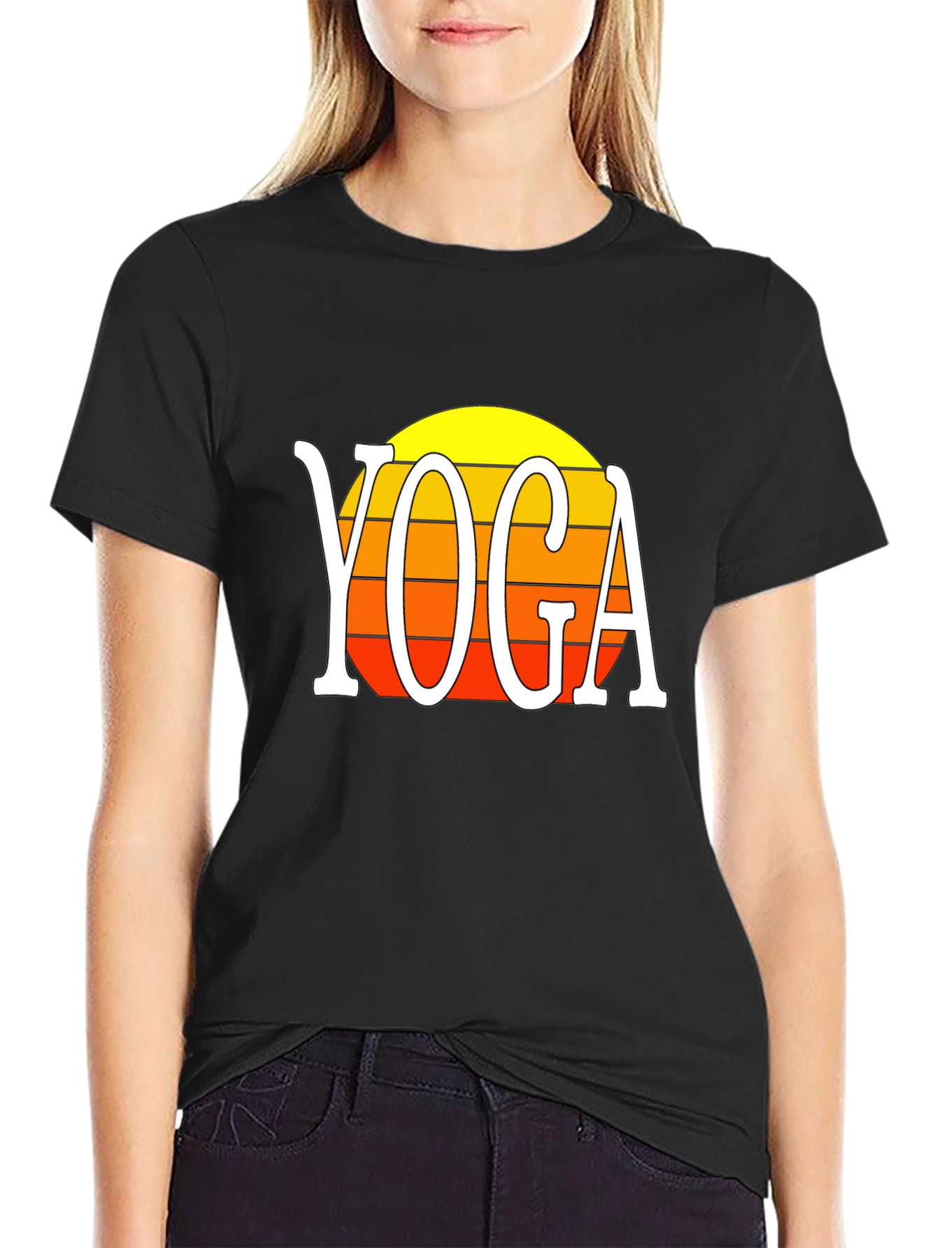 Black Yoga Sunset Graphic Tee - Retro Style Shirt view 2