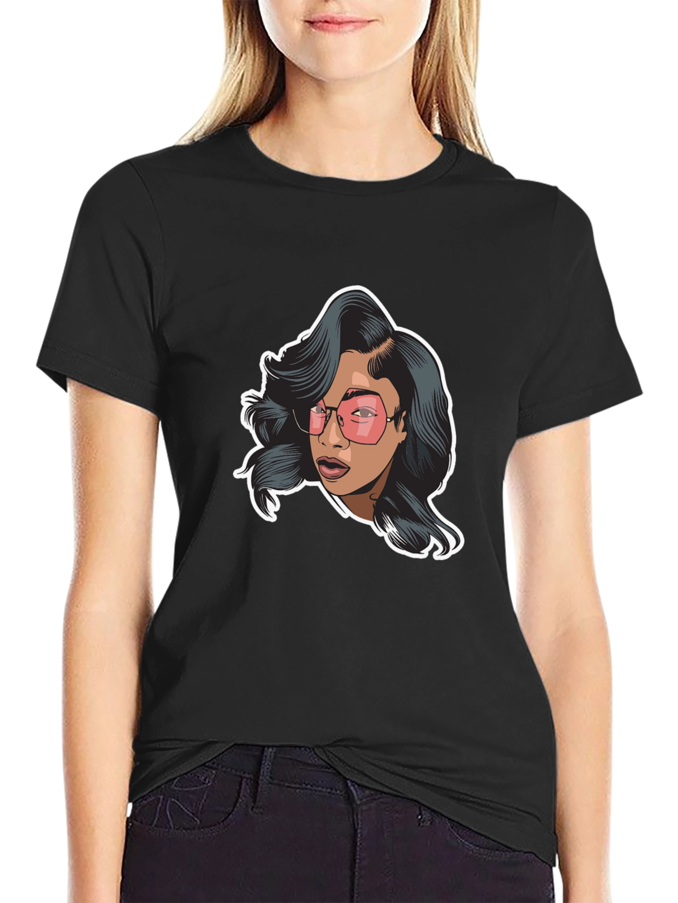 Black Graphic Tee - Woman with Pink Glasses view 2