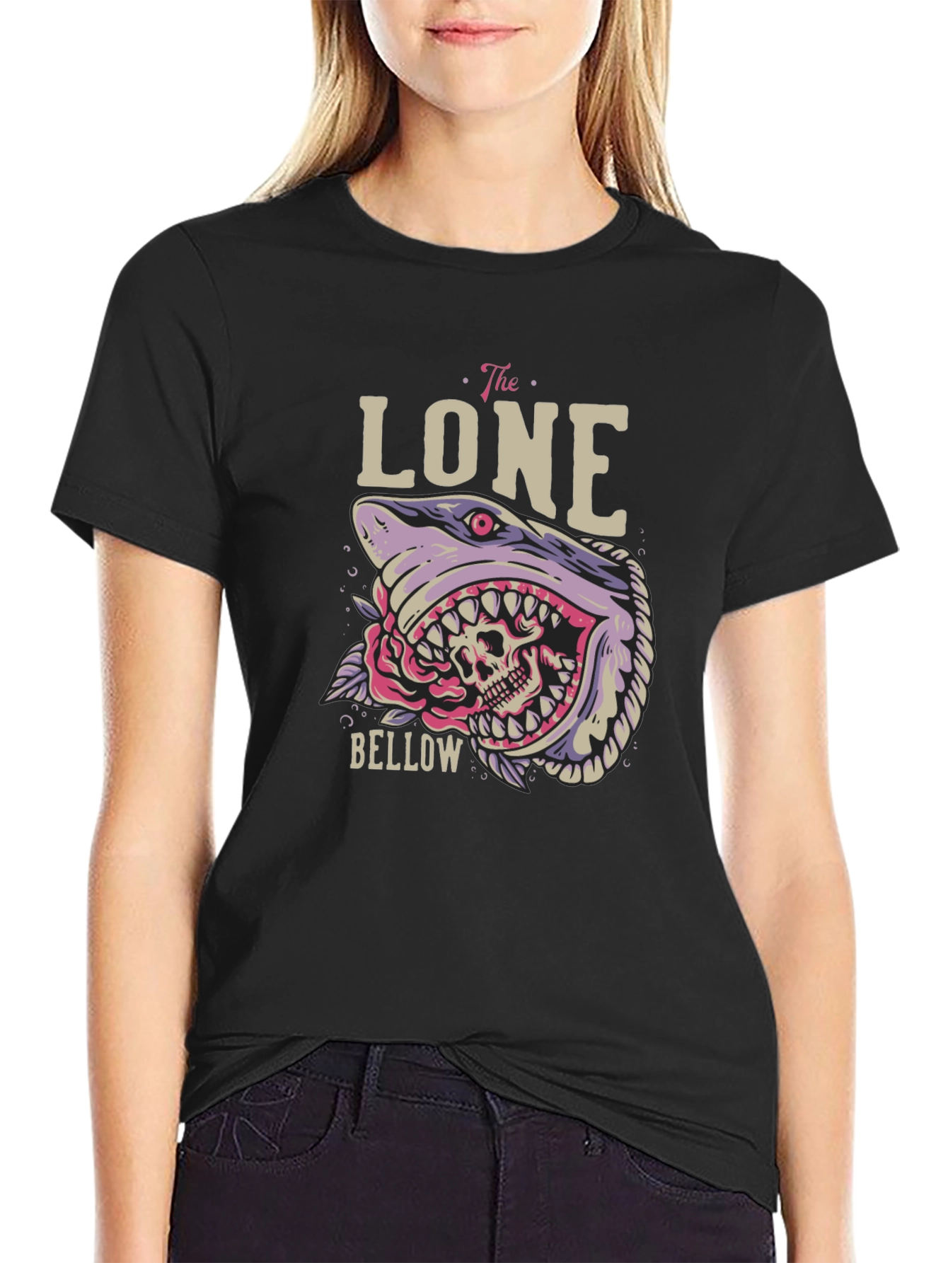Black The Lone Bellow Graphic Tee - Shark Skull Design view 2