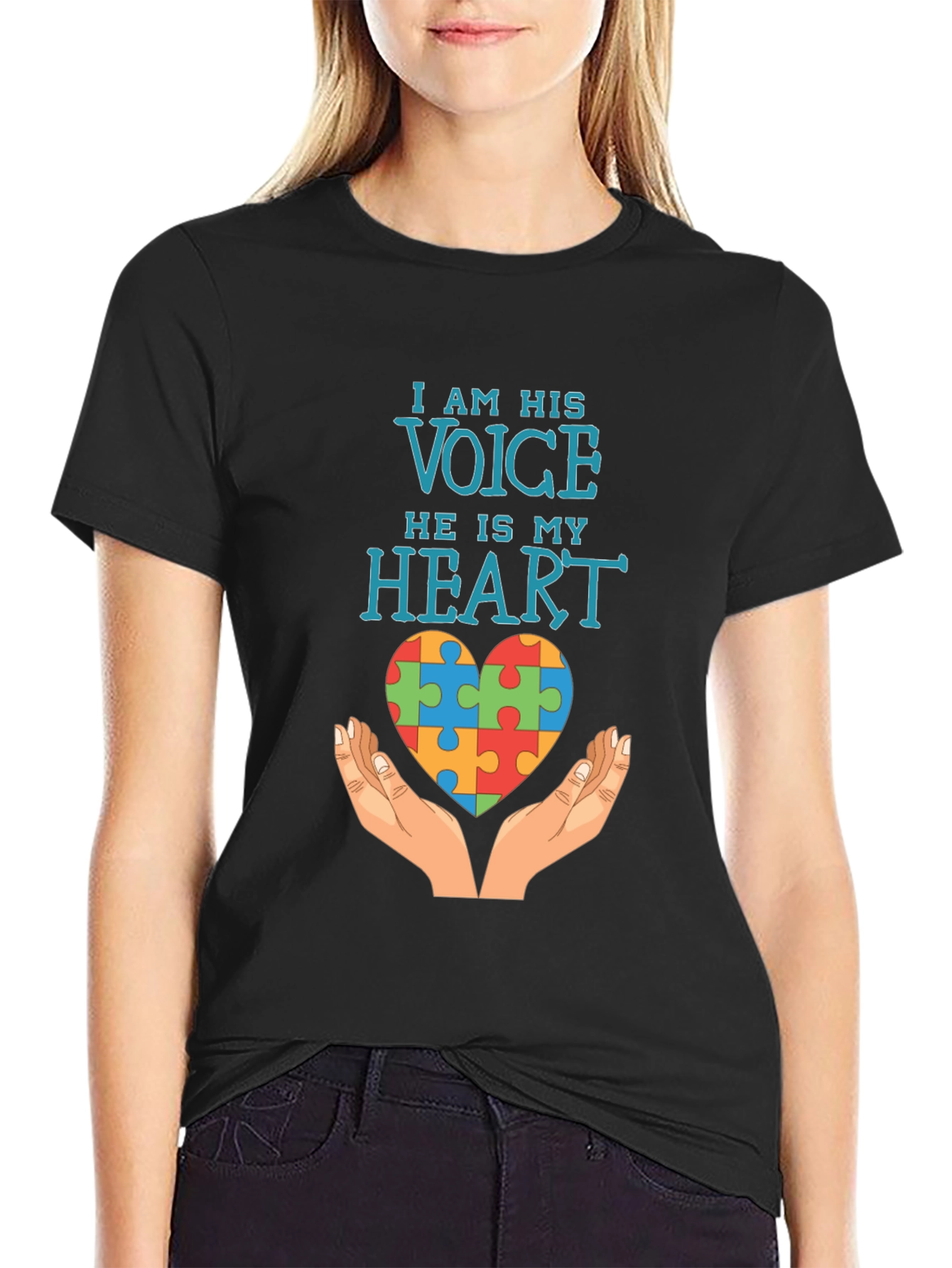 Black Autism Awareness T-Shirt: I Am His Voice, He Is My Heart view 2