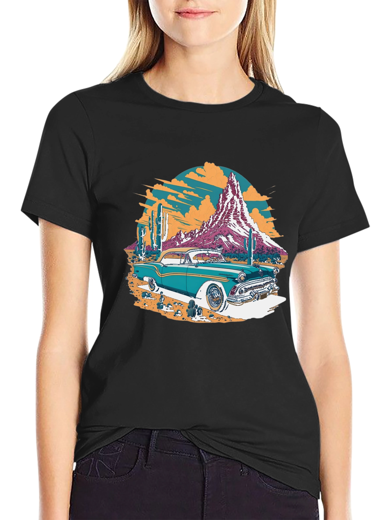 Black Retro Desert Car Graphic Tee - Classic Cool T-Shirt view 2