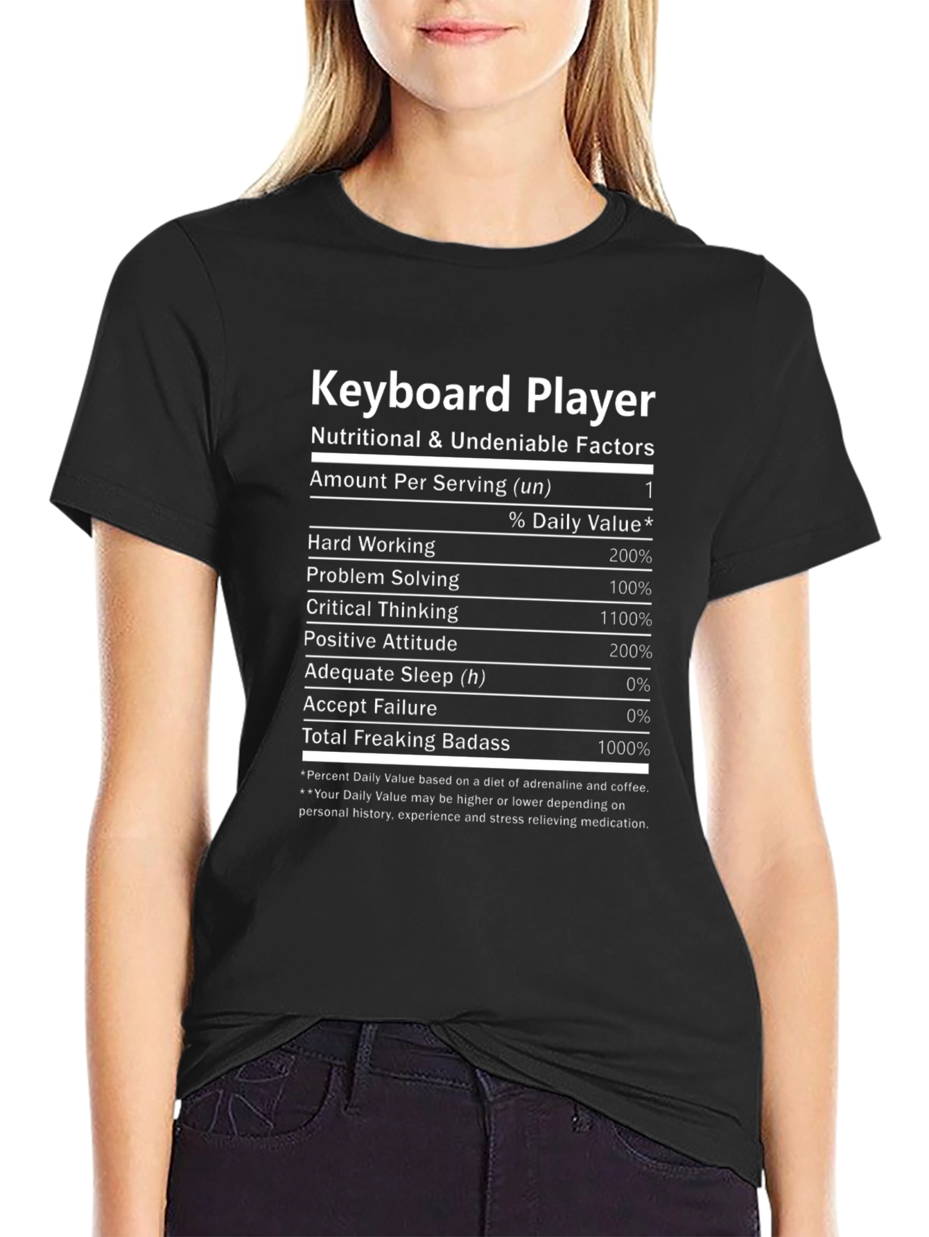 Black Keyboard Player T-Shirt Nutritional Facts Funny Musician Tee view 2