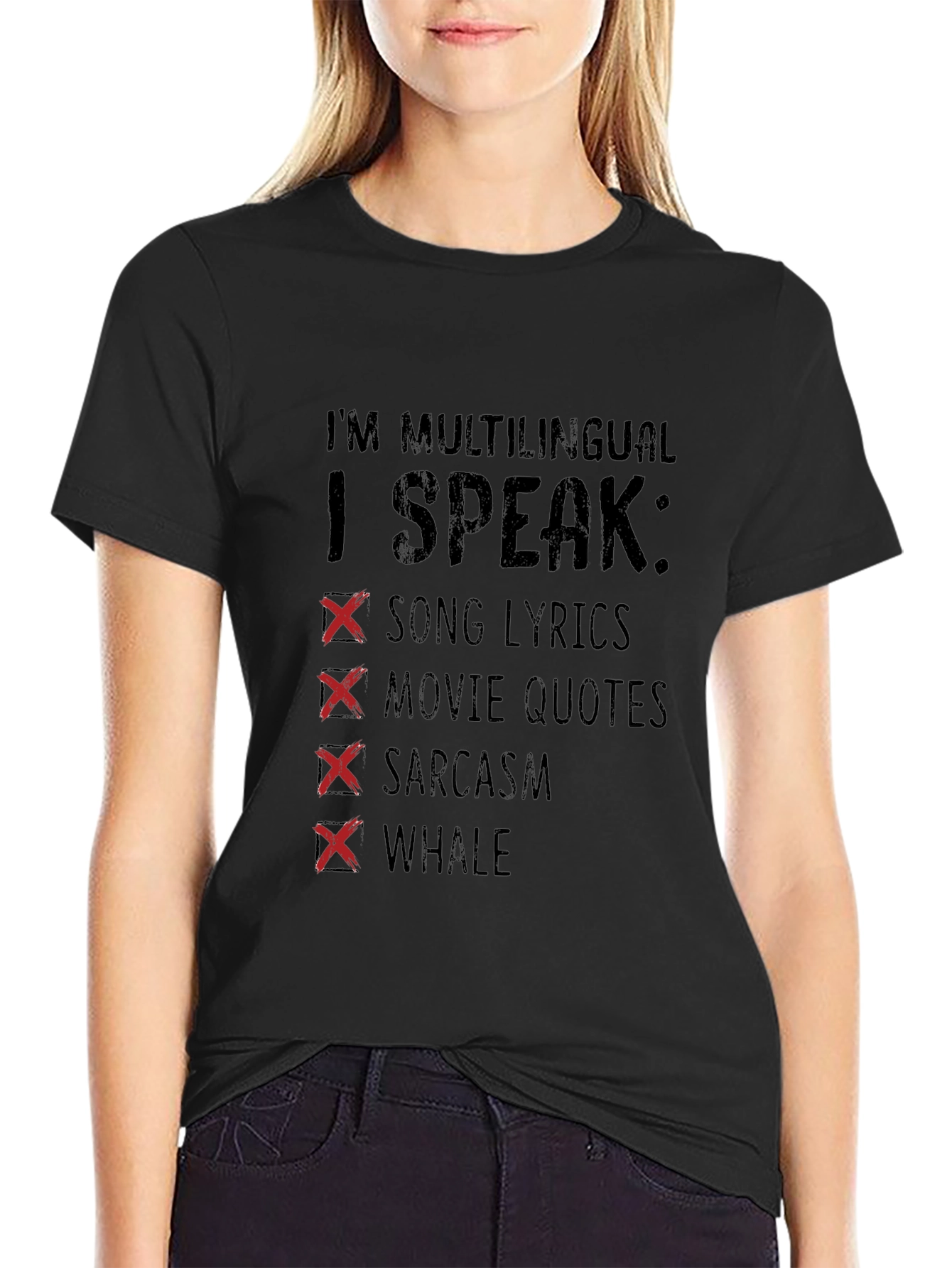 Black Multilingual T-Shirt: Song Lyrics, Movie Quotes, Sarcasm, Whale view 2