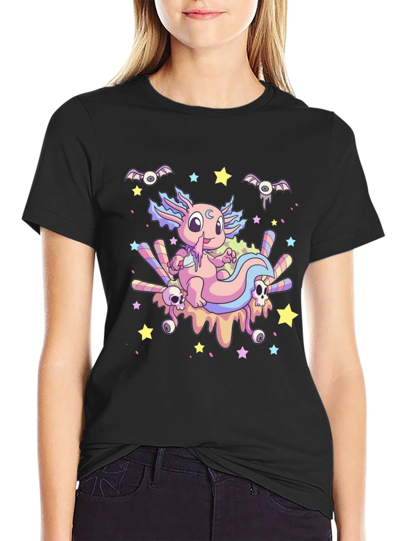 Black Cute Axolotl Kawaii Goth T-Shirt view 2