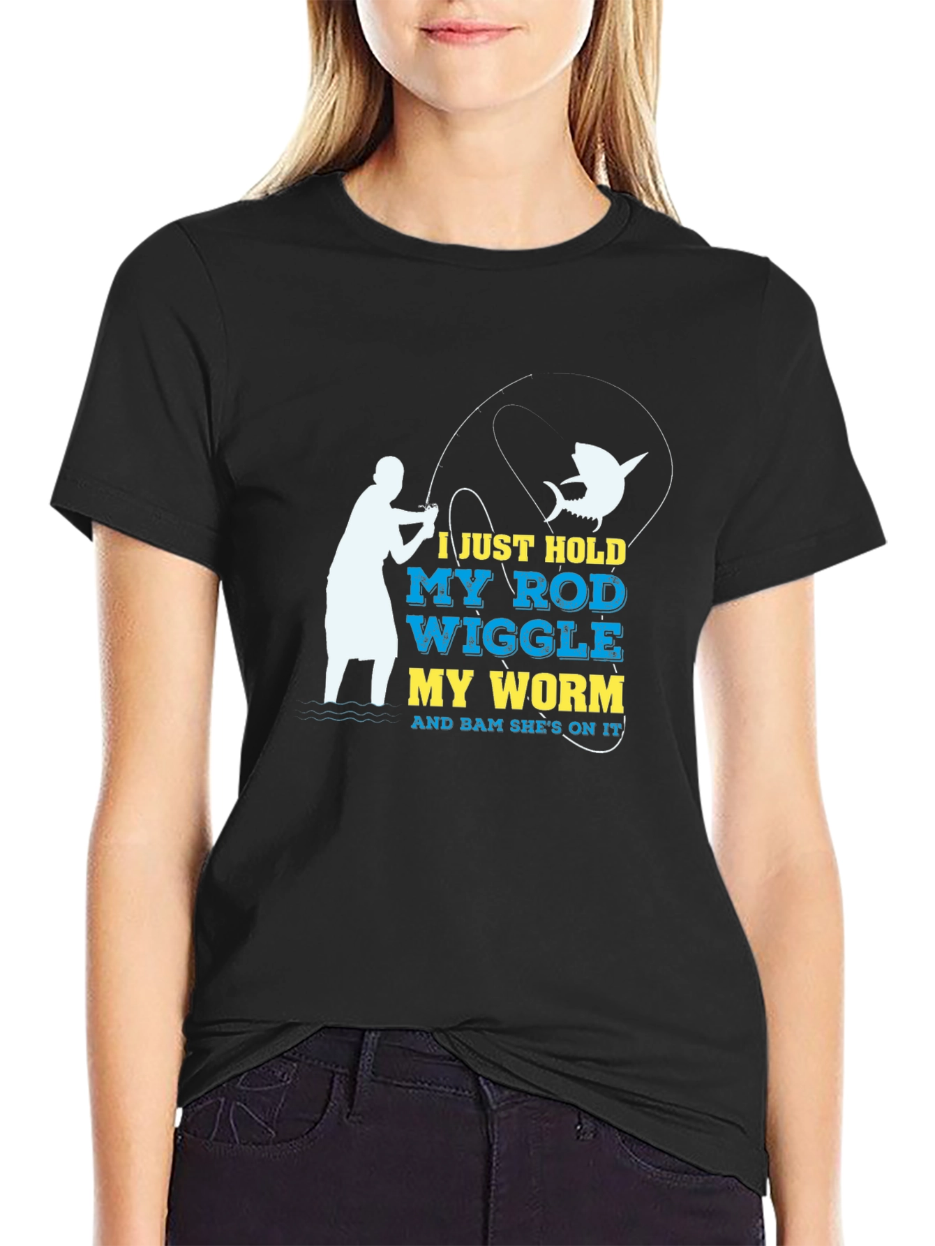 Black Funny Fishing T-Shirt - Hold My Rod Wiggle My Worm view 2