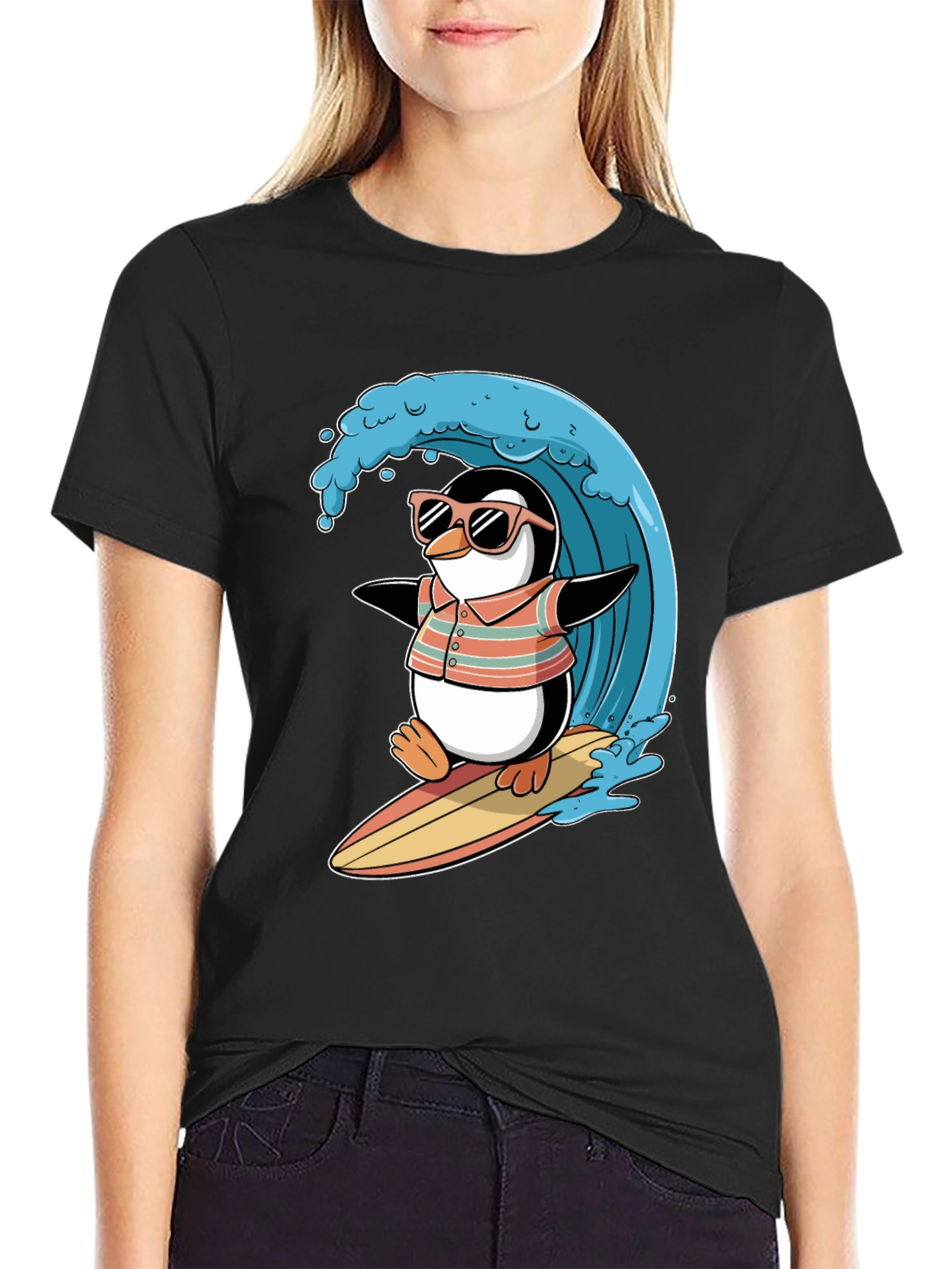 Black Surfing Penguin Graphic Tee view 2