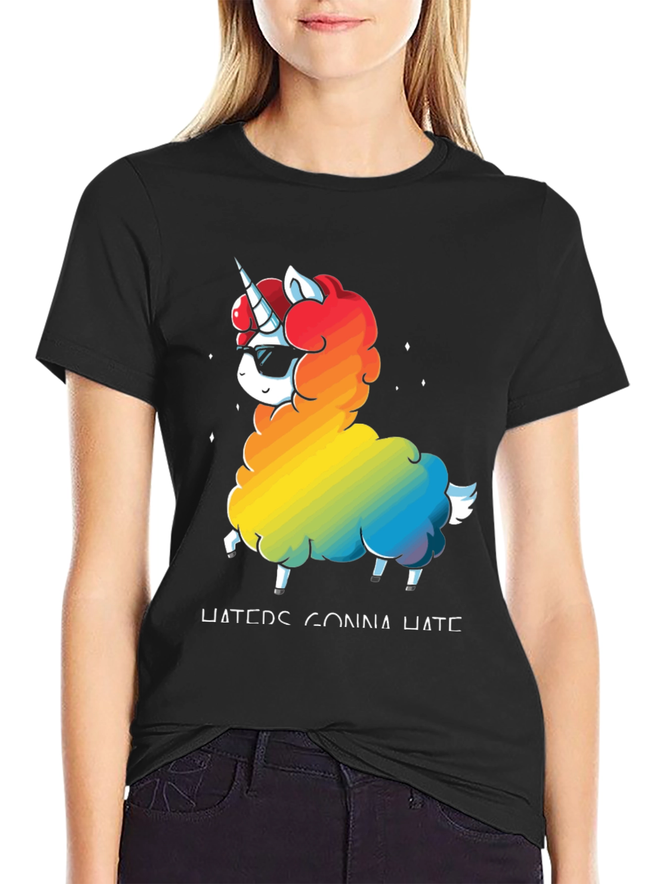 Black Unicorn Llama Rainbow T-Shirt - "Haters Gonna Hate" view 2