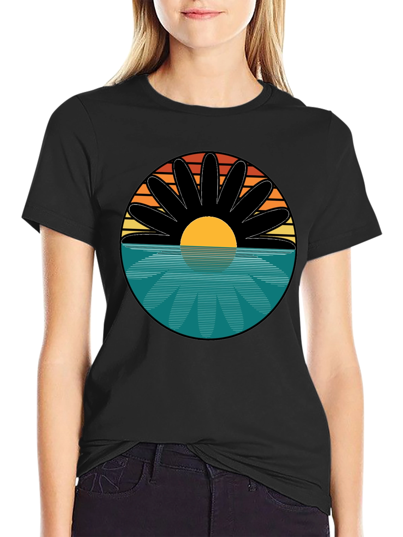 Black Sunset Flower Graphic T-Shirt - Retro Style Tee view 2