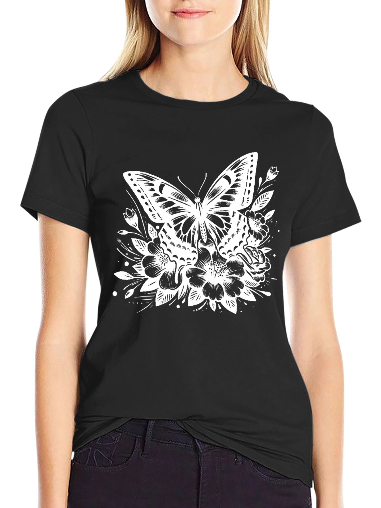 Black Butterfly Floral Graphic Tee - Black view 2