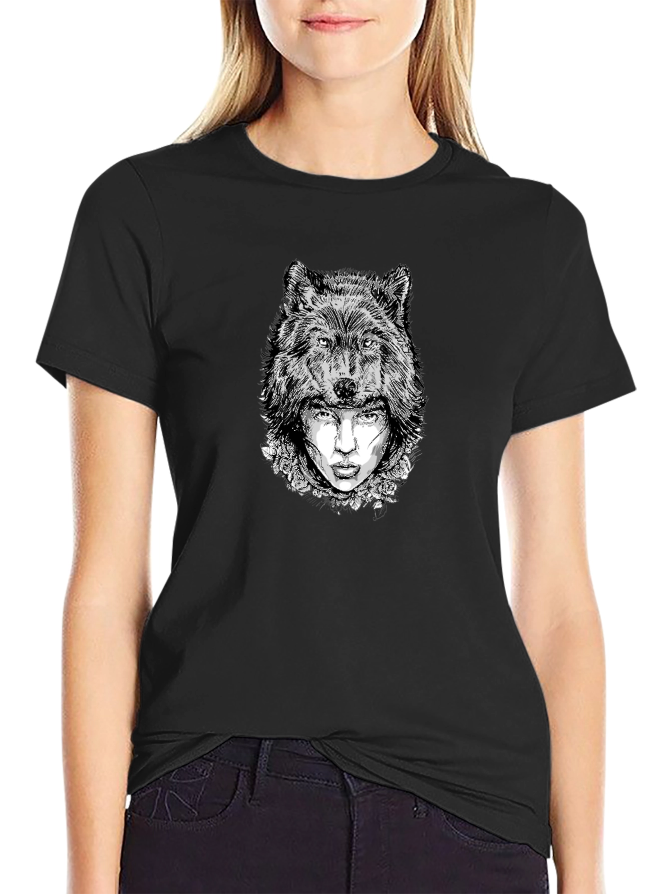 Black Wolf Woman Graphic Tee - Black Cotton Blend view 2