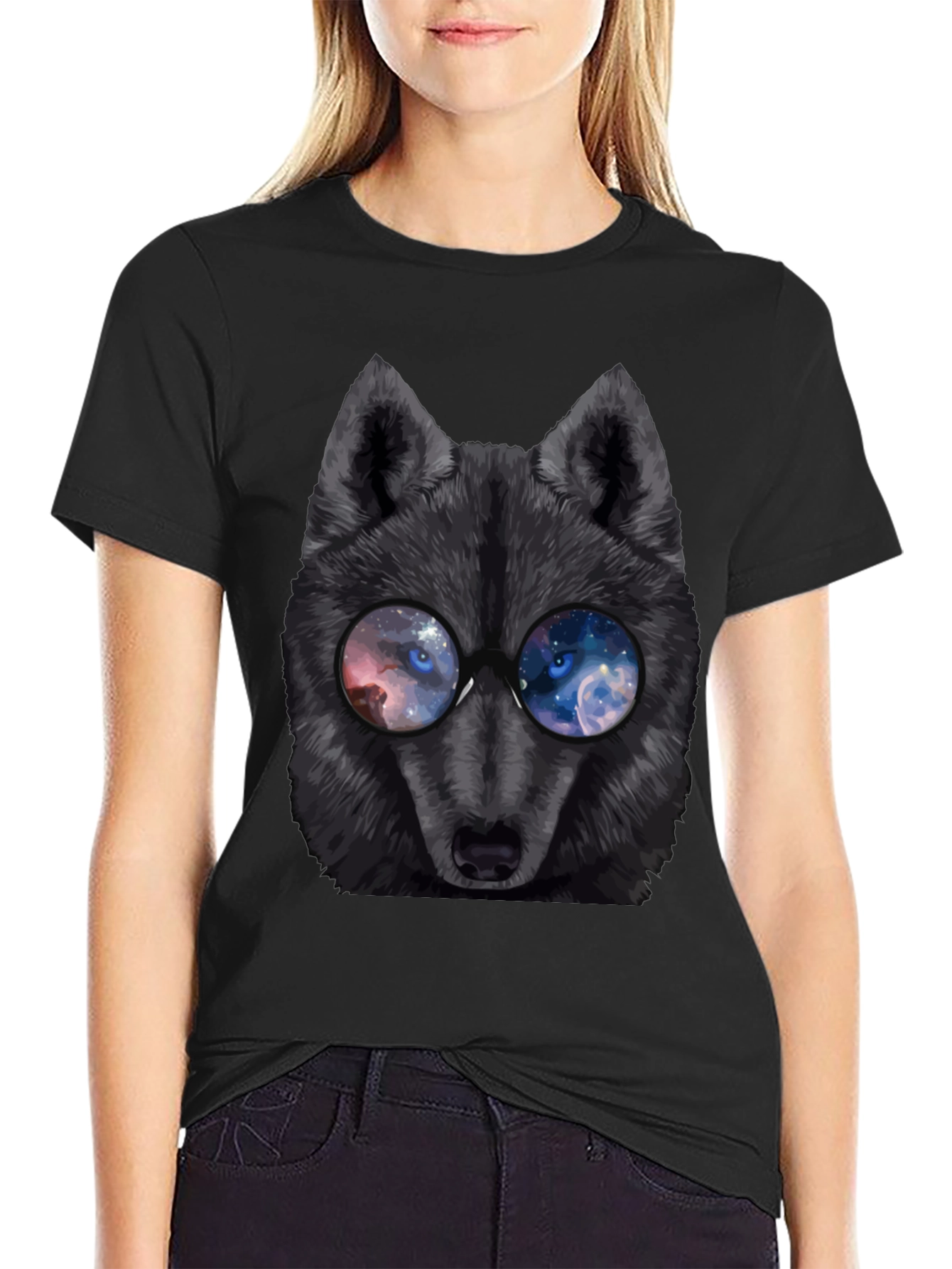 Black Cool Wolf with Galaxy Glasses T-Shirt view 2