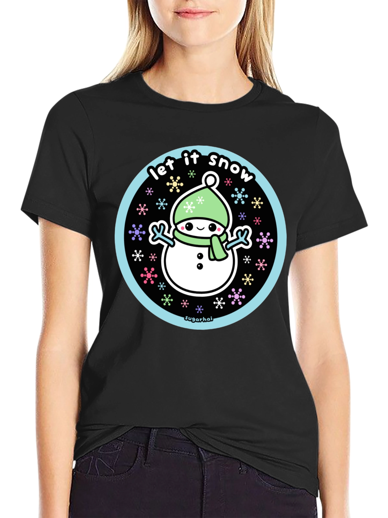 Black Kawaii Snowman Let It Snow Graphic Tee view 2