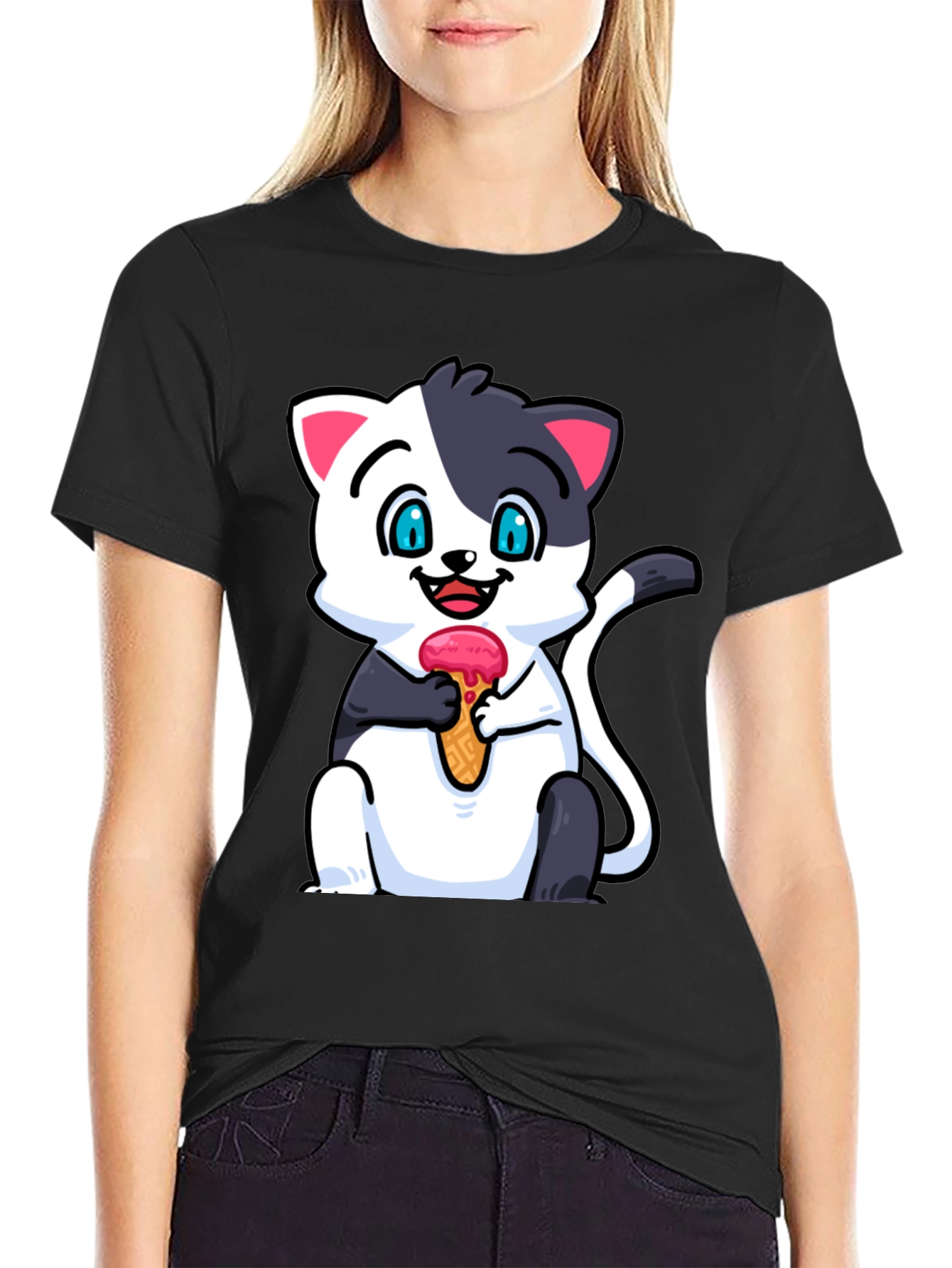 Black Cute Cat Ice Cream T-Shirt view 2