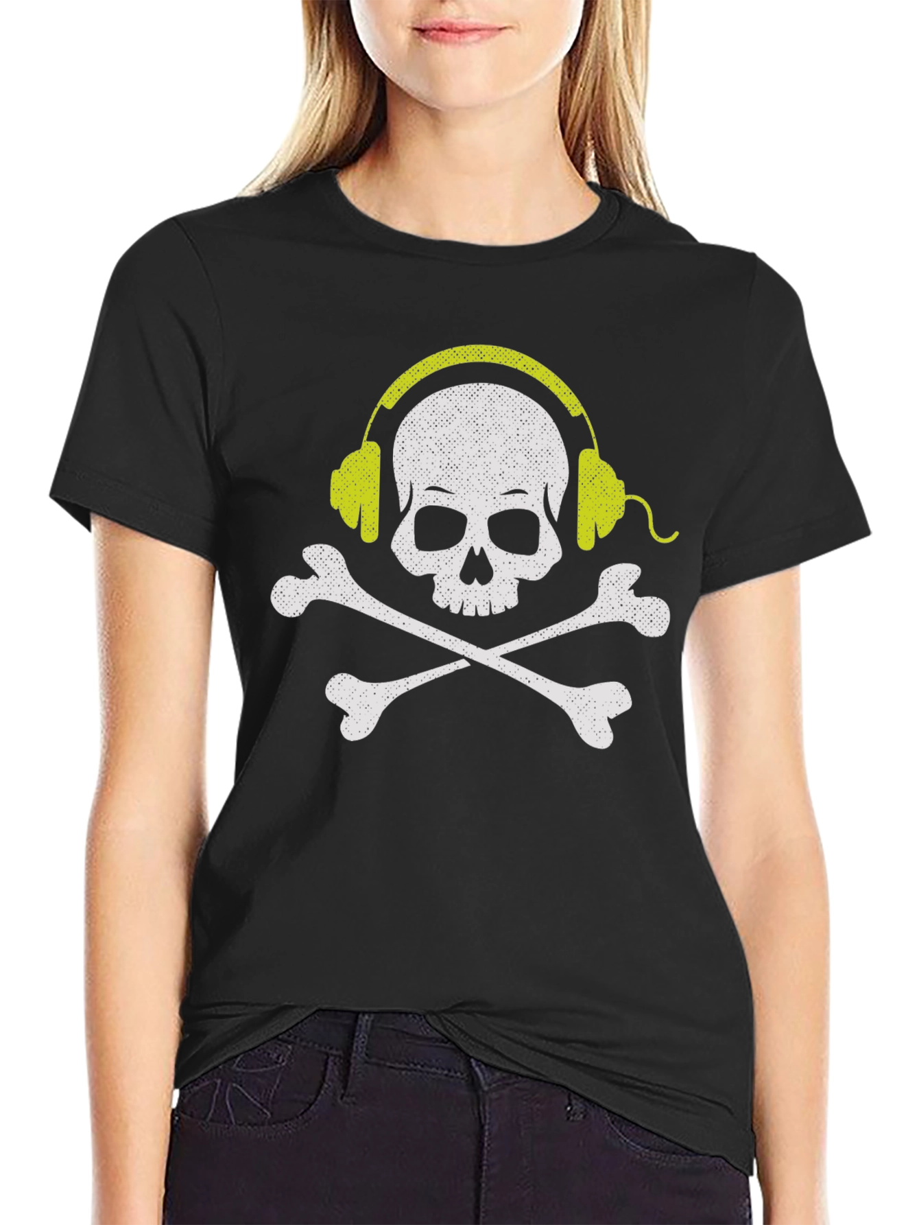 Black Skull & Crossbones Headphones Graphic Tee - Black view 2