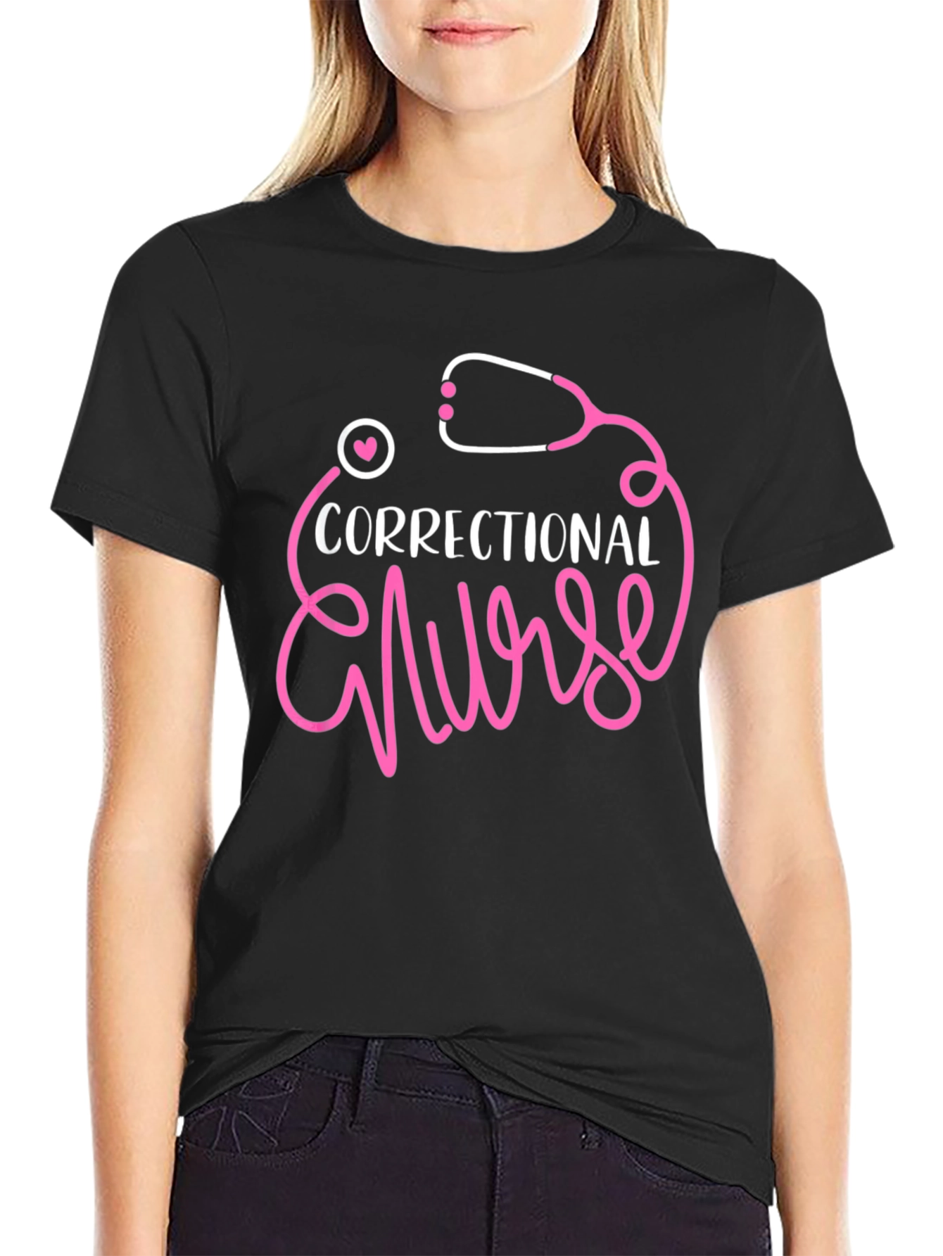 Black Correctional Nurse Stethoscope Graphic T-Shirt view 2