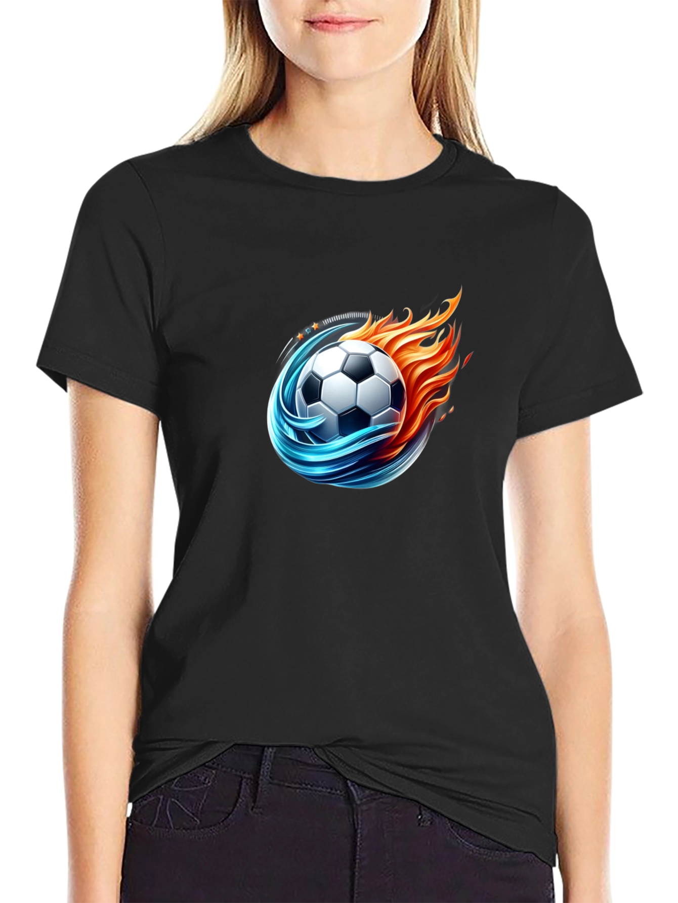 Black Fiery Soccer Ball Graphic Tee - Cool Design view 2