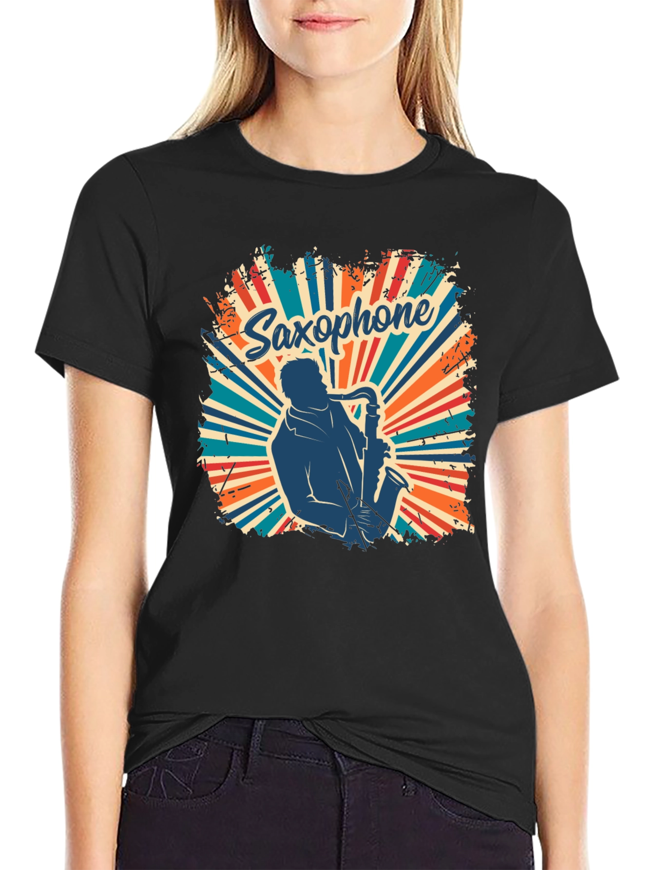 Black Saxophone Retro T-Shirt - Musician Graphic Tee view 2