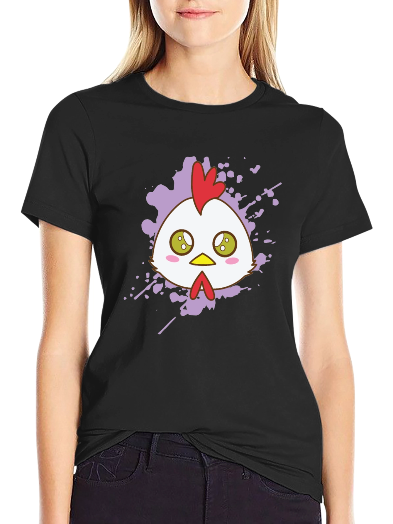 Black Cute Chicken Graphic Tee - Black Cotton T-Shirt view 2