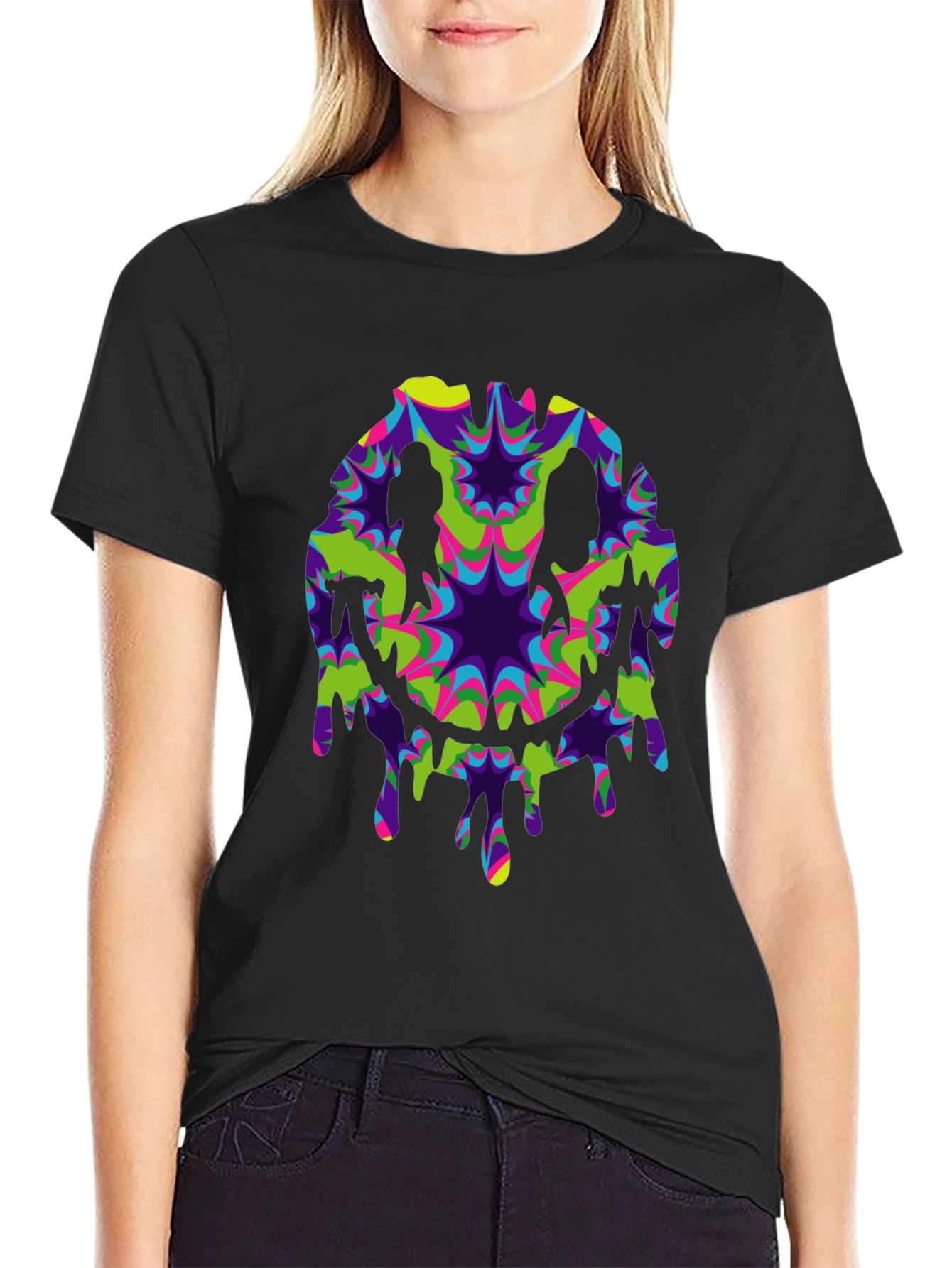 Black Psychedelic Dripping Smiley Face Black Tee view 2