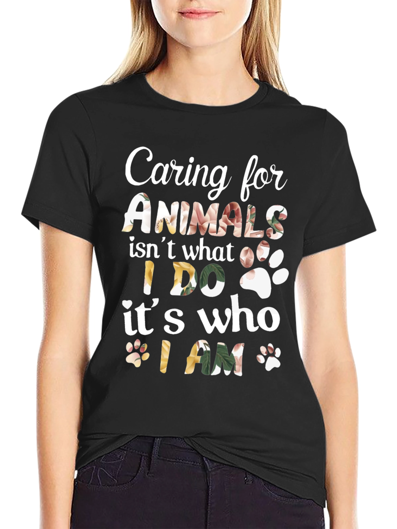 Black Caring for Animals Floral Print T-Shirt view 2