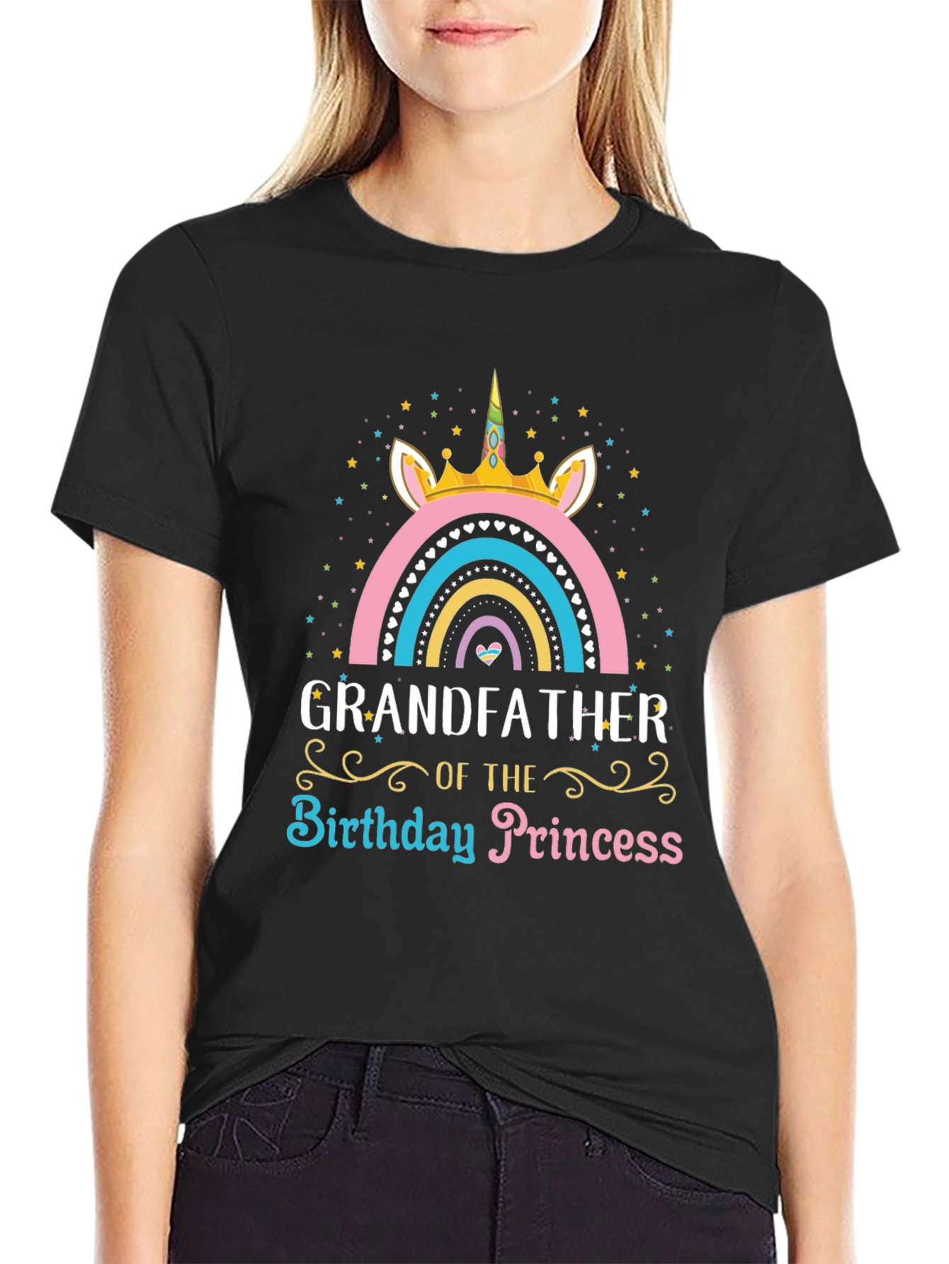 Black Grandfather of the Birthday Princess Unicorn T-Shirt view 2